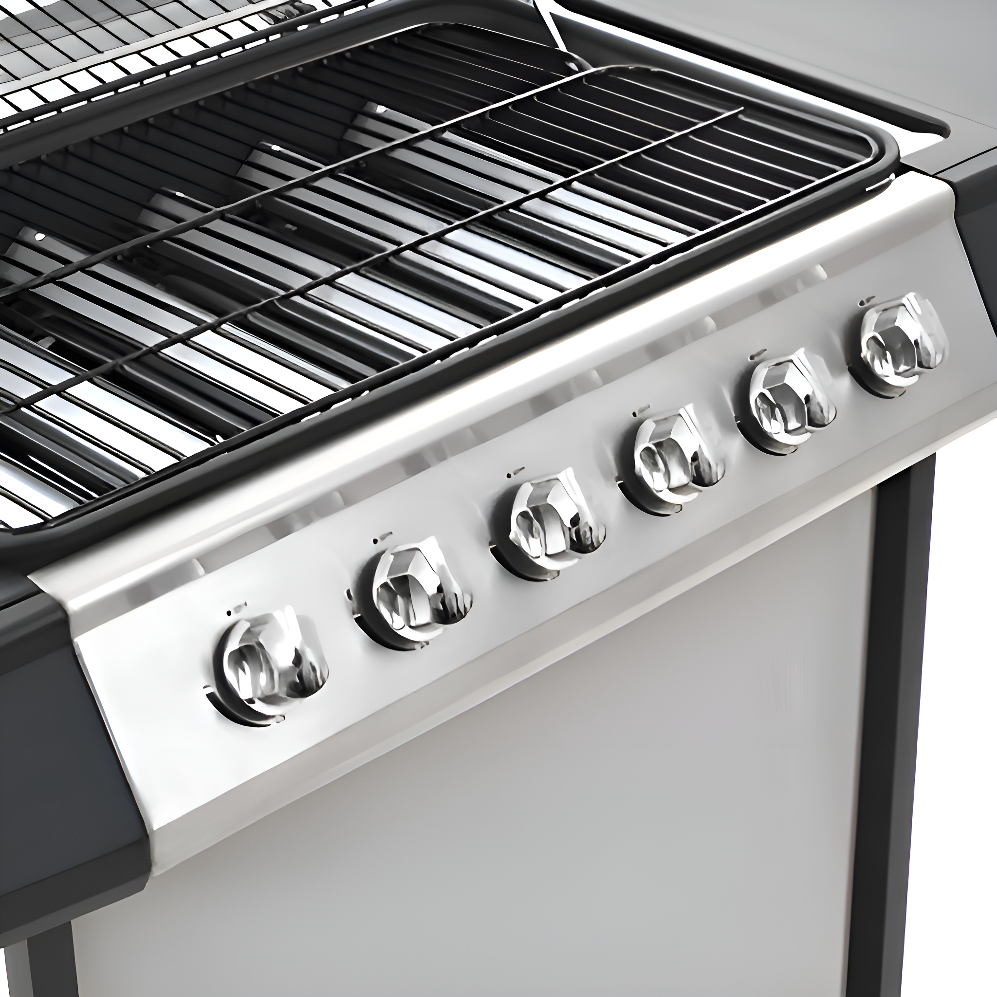Nahaufnahme eines Grills mit silbernen Knöpfen und schwarzen Grillrosten, vor weißem Hintergrund.