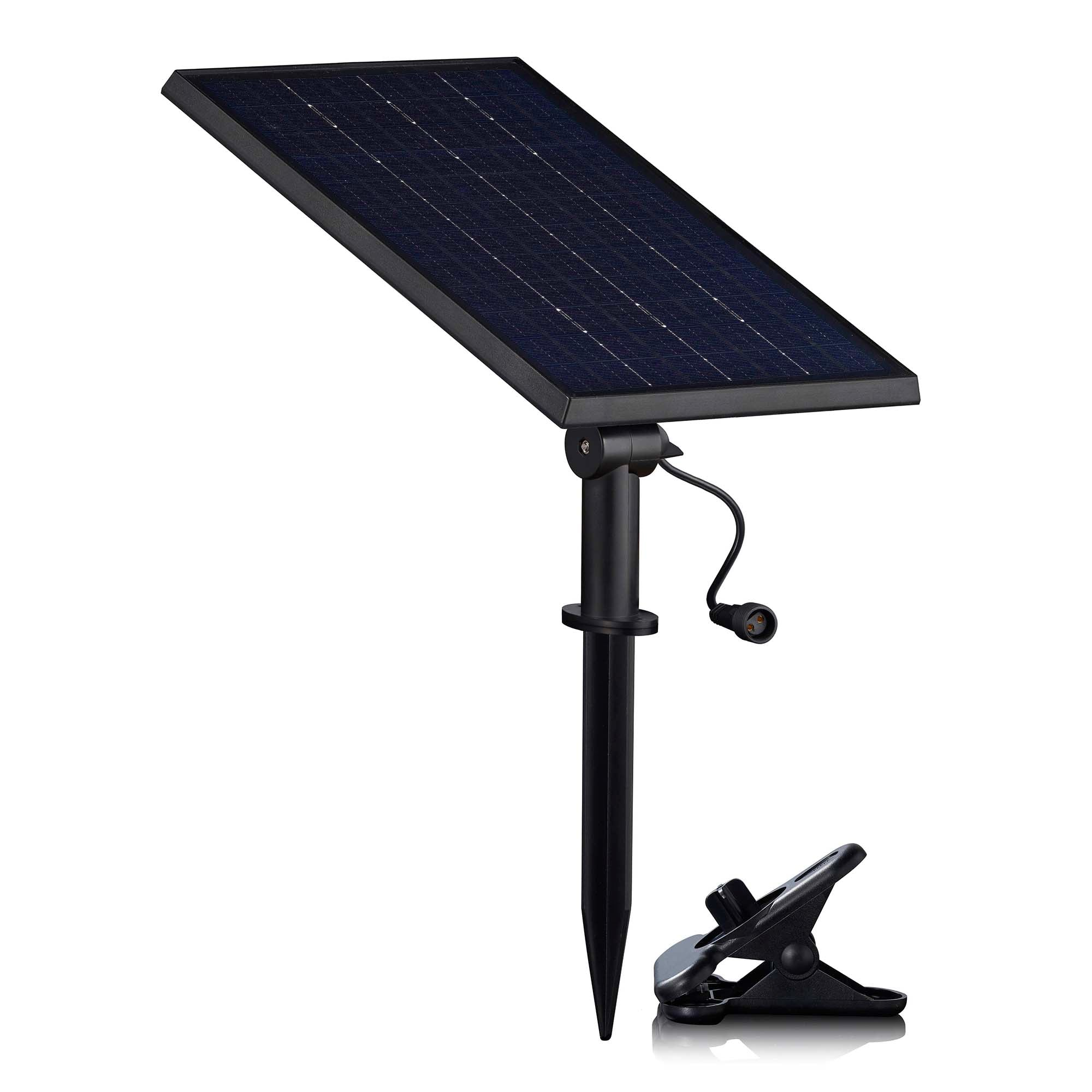 Solarpanel an einem schwarzen Ständer mit schwarzem Clip unten befestigt.