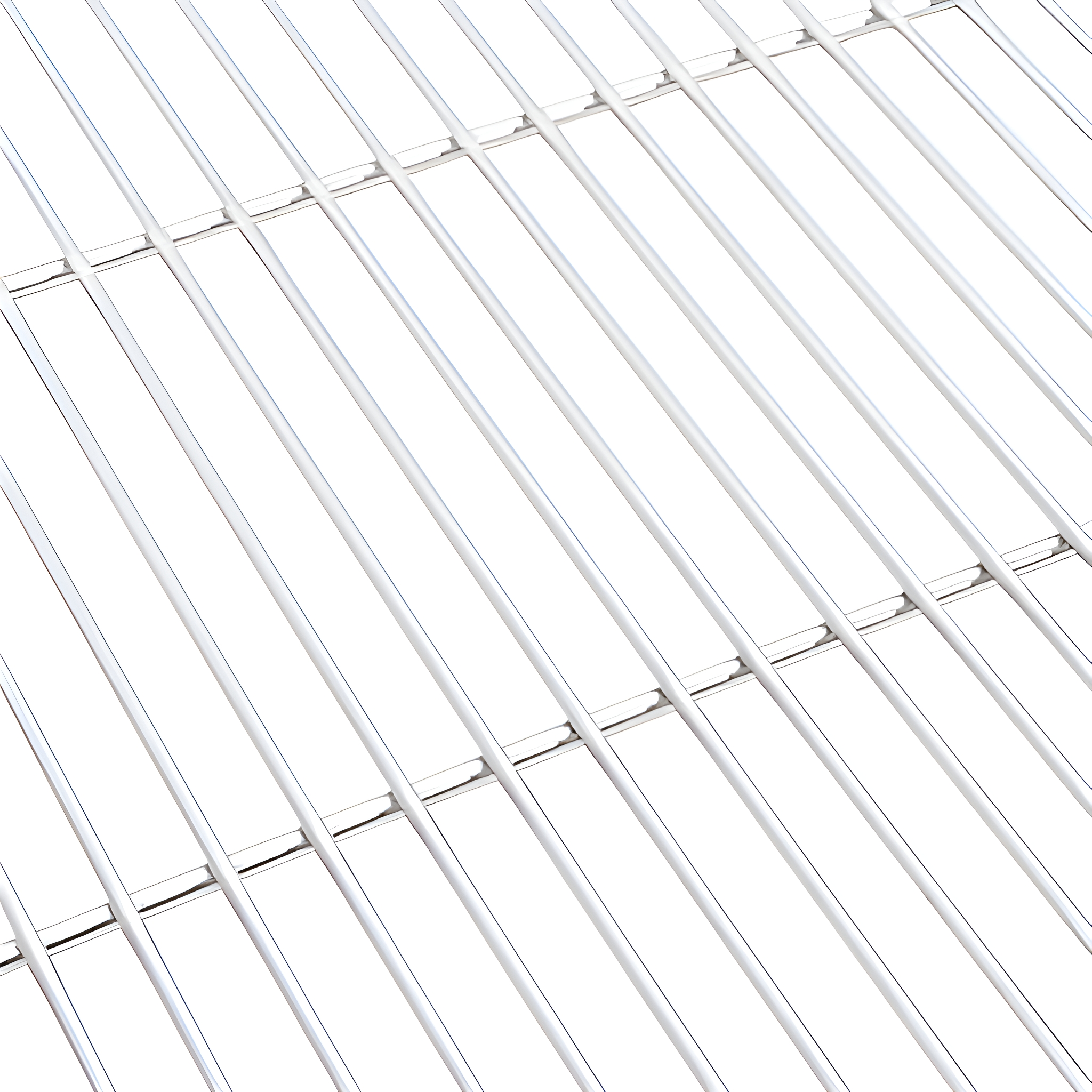 Nahaufnahme eines weißen Drahtregalgitters. Diagonale Linien, weißer Hintergrund, sauber und einfach.