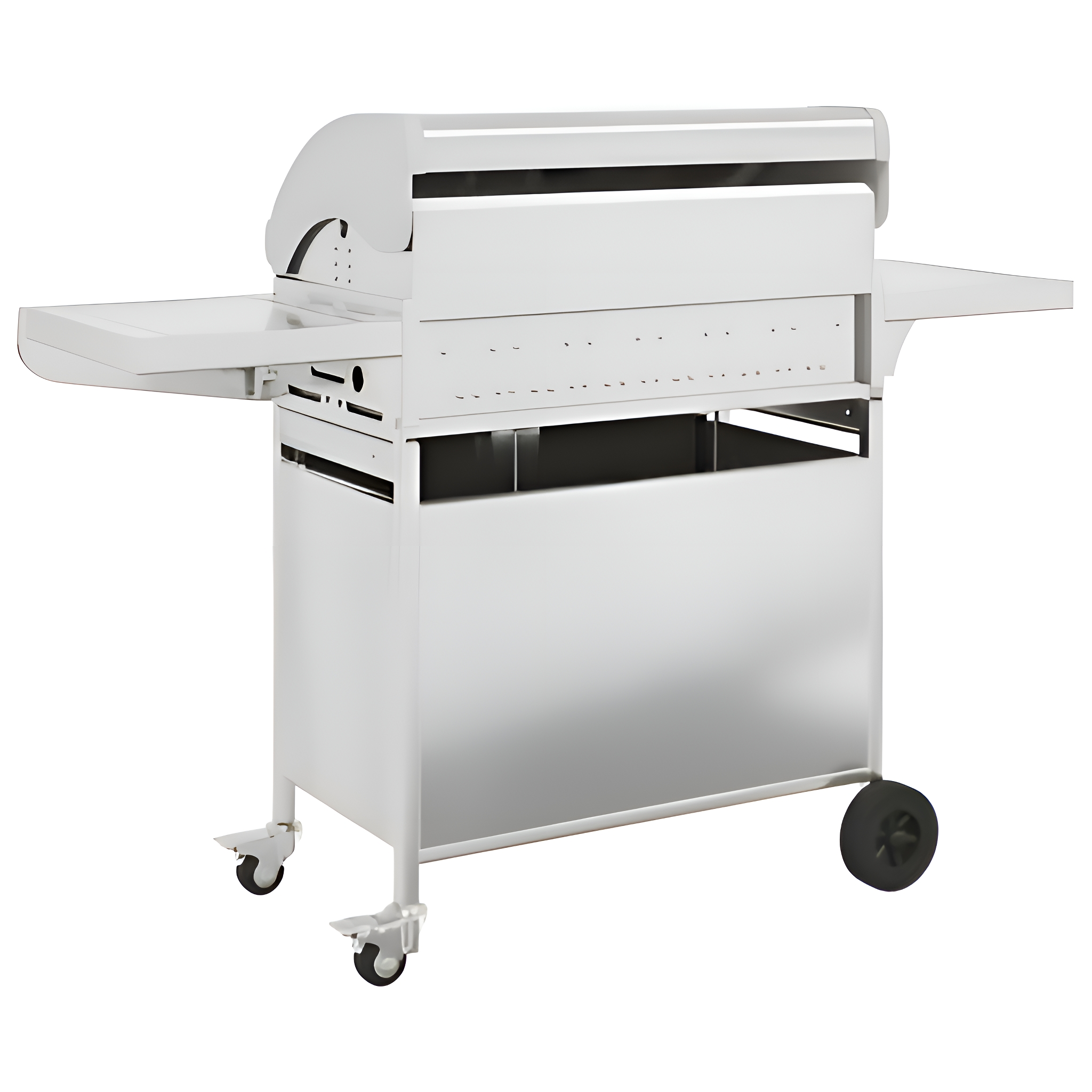 Ein weißer Außengrill mit zwei Seitenablagen und einem Rad. Der Grill ist sauber und einsatzbereit.