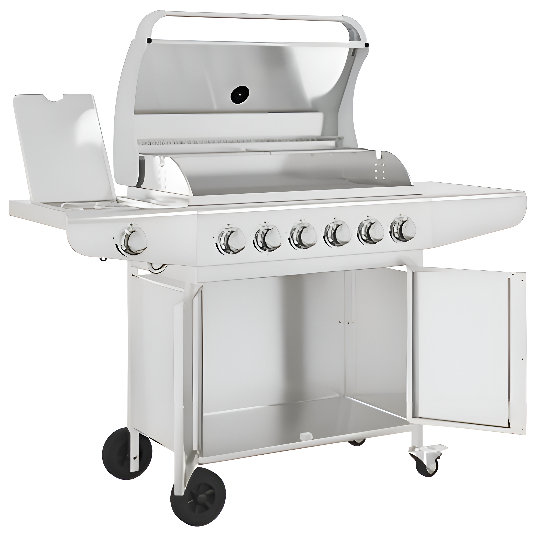 Weißer Außengrill mit offenen Türen und Deckel. Der Grill hat Brenner und Räder. Isoliert auf Weiß.