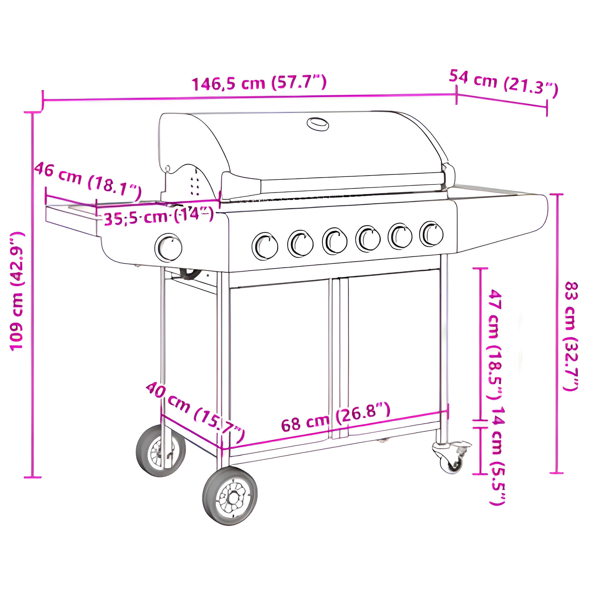 Outdoor-Grill mit Maßangaben. Edelstahl- und schwarzes Design. Räder und Deckel enthalten.