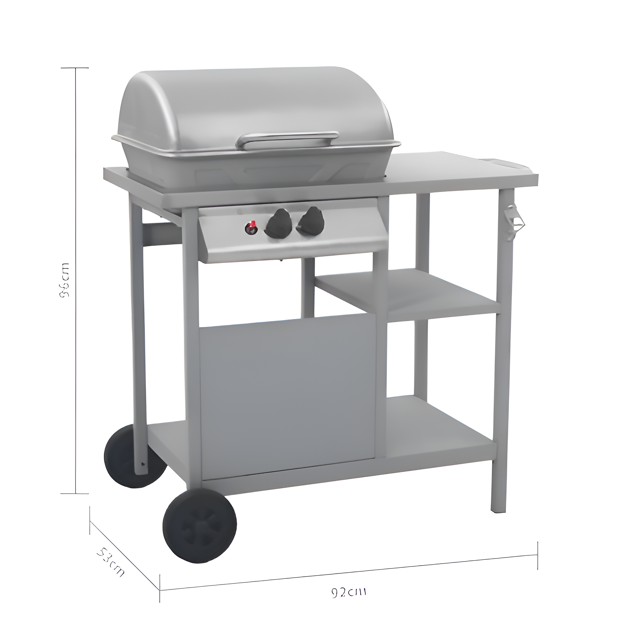 Ein grauer Außengrill mit beschrifteten Abmessungen, der eine Kochfläche und ein Seitenregal zeigt.