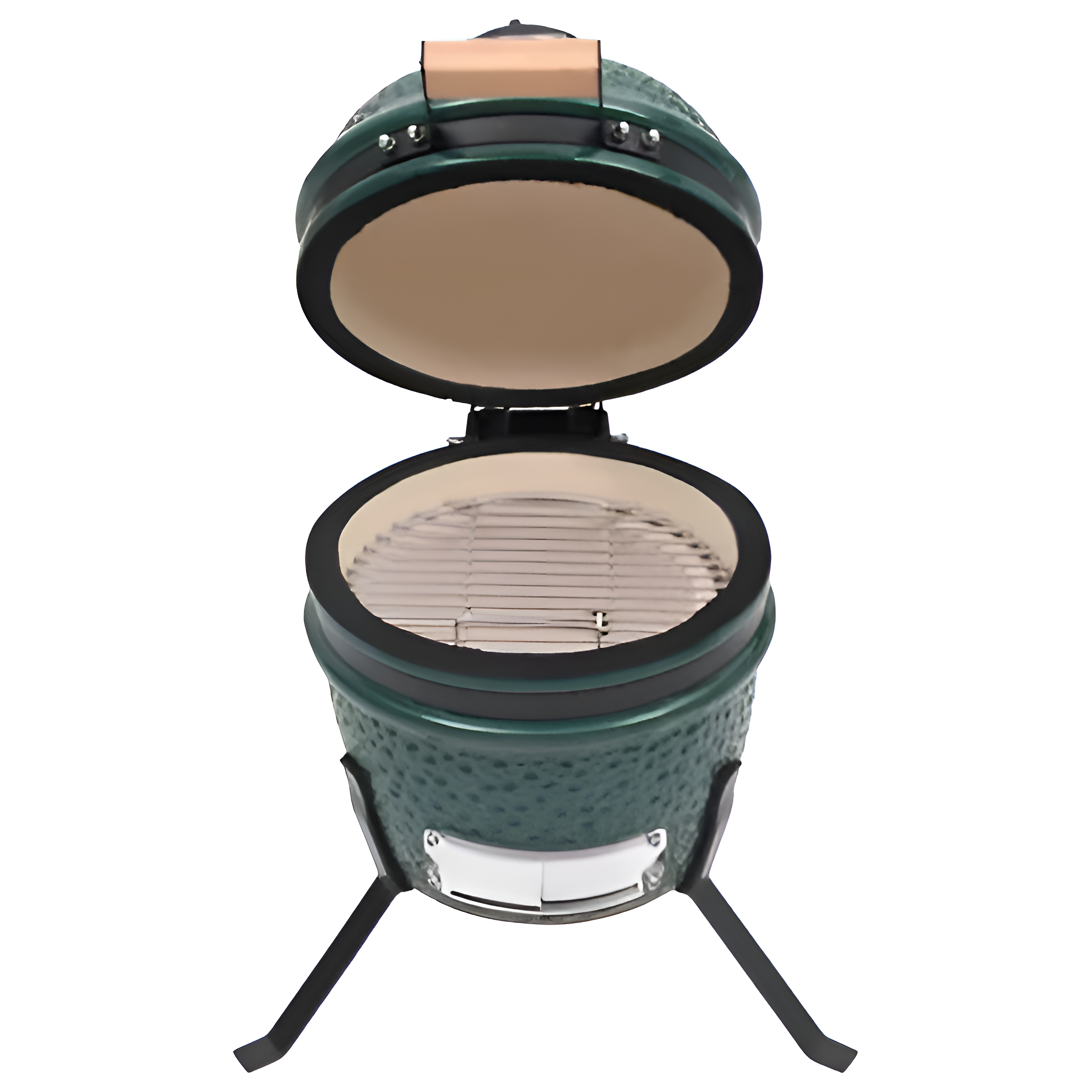 Grüner eiförmiger Grill mit offenem Deckel, Metallrost innen und schwarzen Beinen.