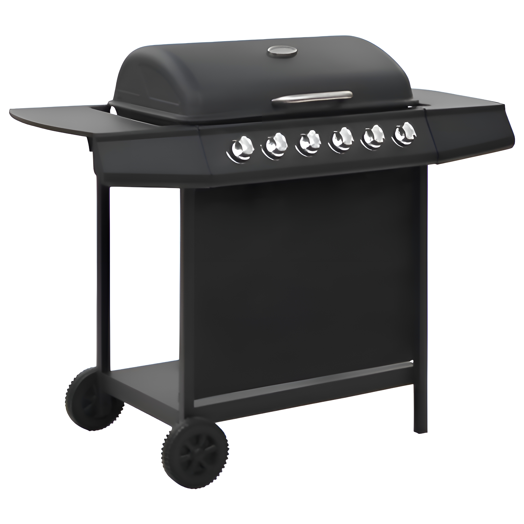 Ein schwarzer Grill mit schwarzem Deckel und silbernen Knöpfen. Räder sichtbar.