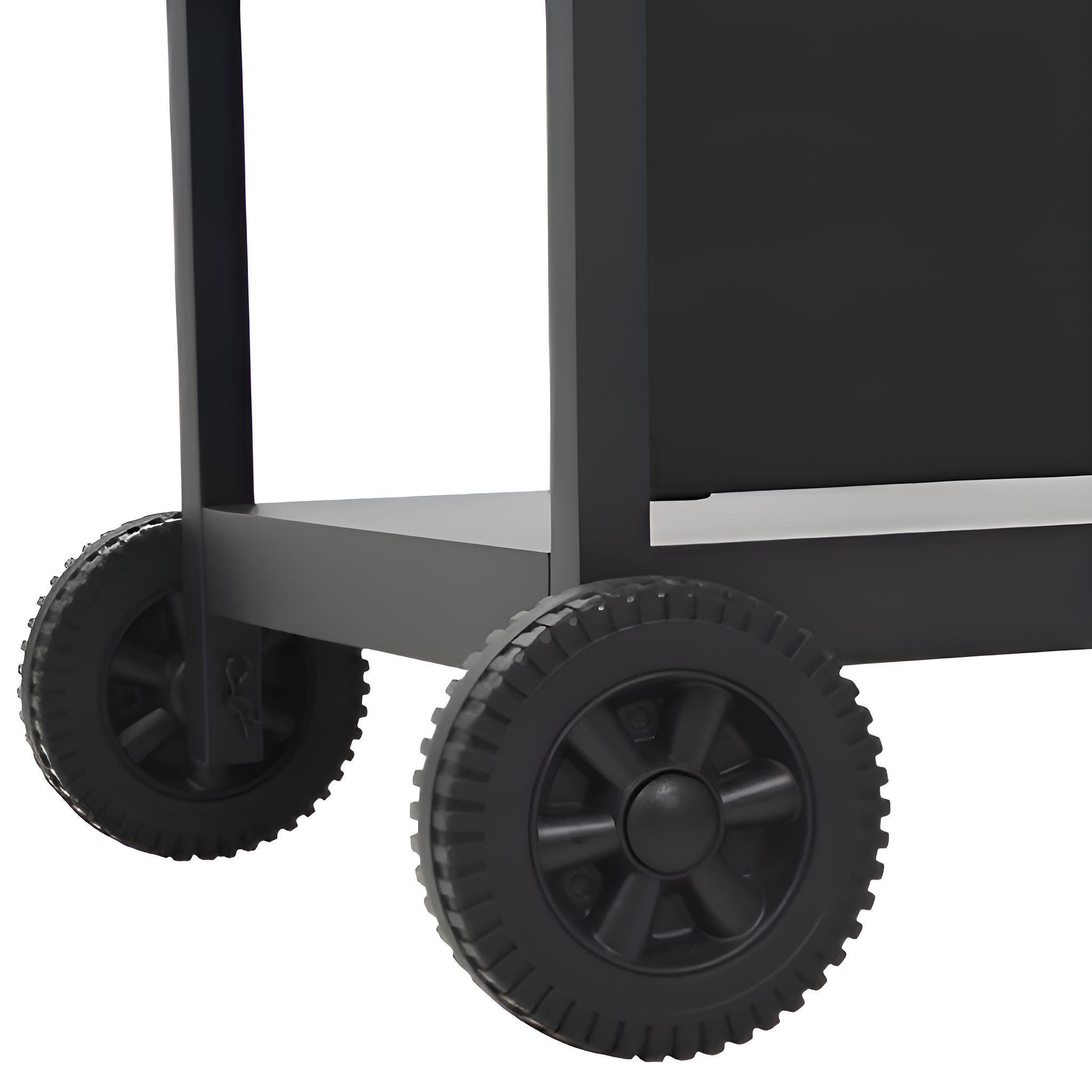 Schwarzer Wagen mit zwei Rädern, zum Tragen von Gegenständen.
