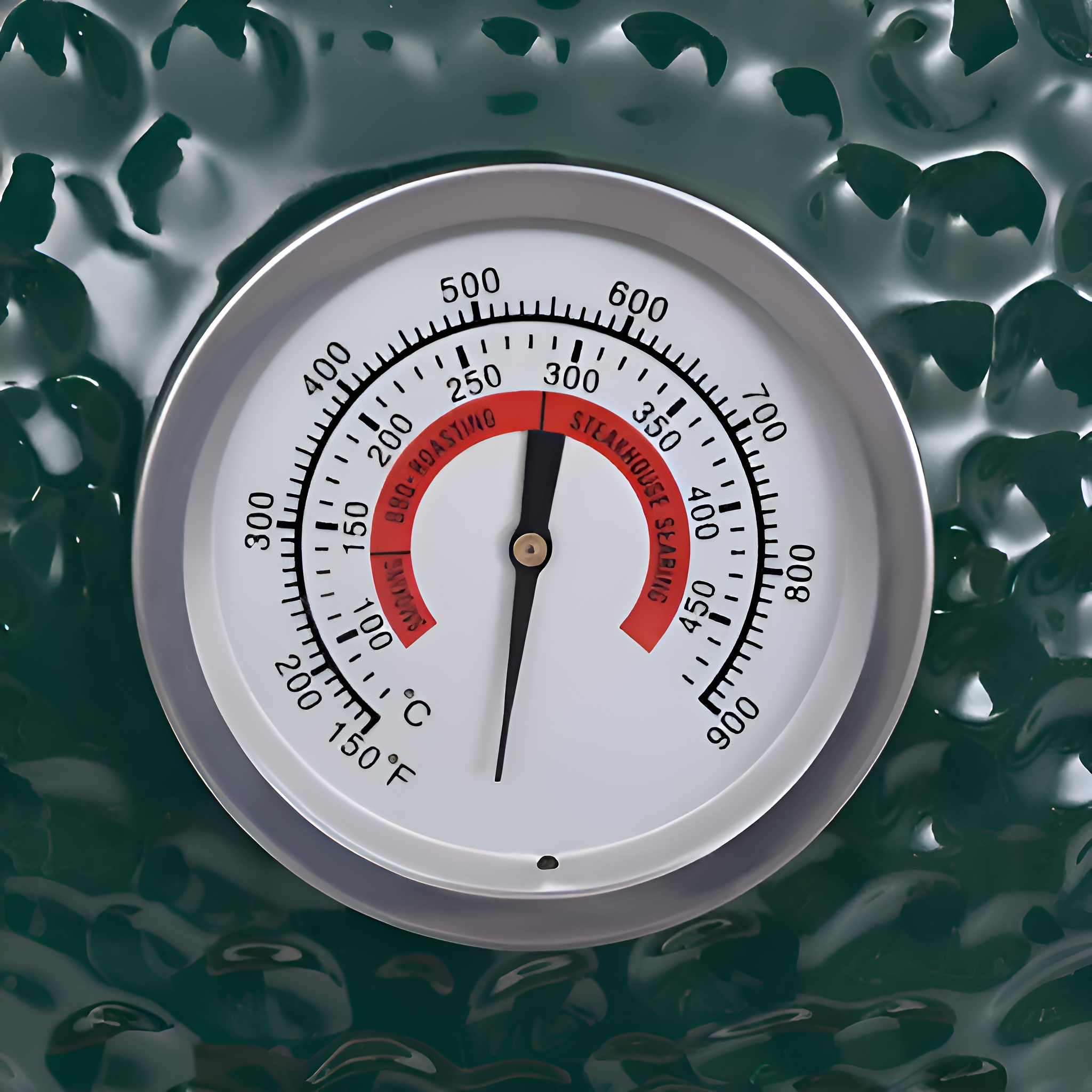 Grillthermometer mit weißem Ziffernblatt. Zeigt etwa 300 Grad an.