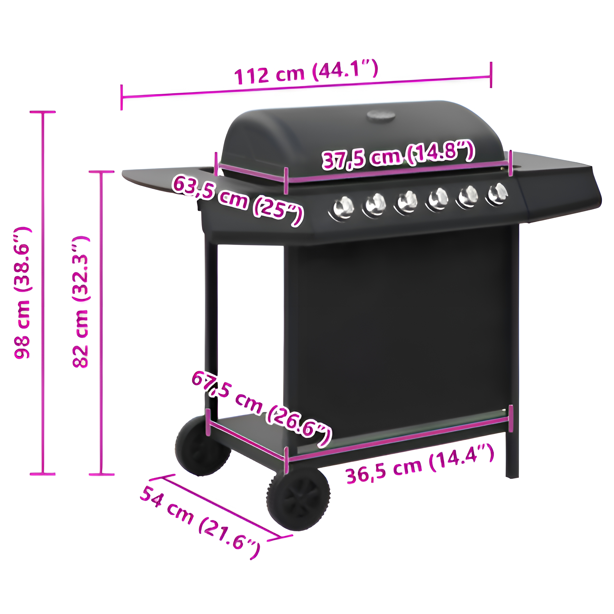 Schwarzer Außengrill mit Maßen in cm und Zoll beschriftet, weißer Hintergrund.