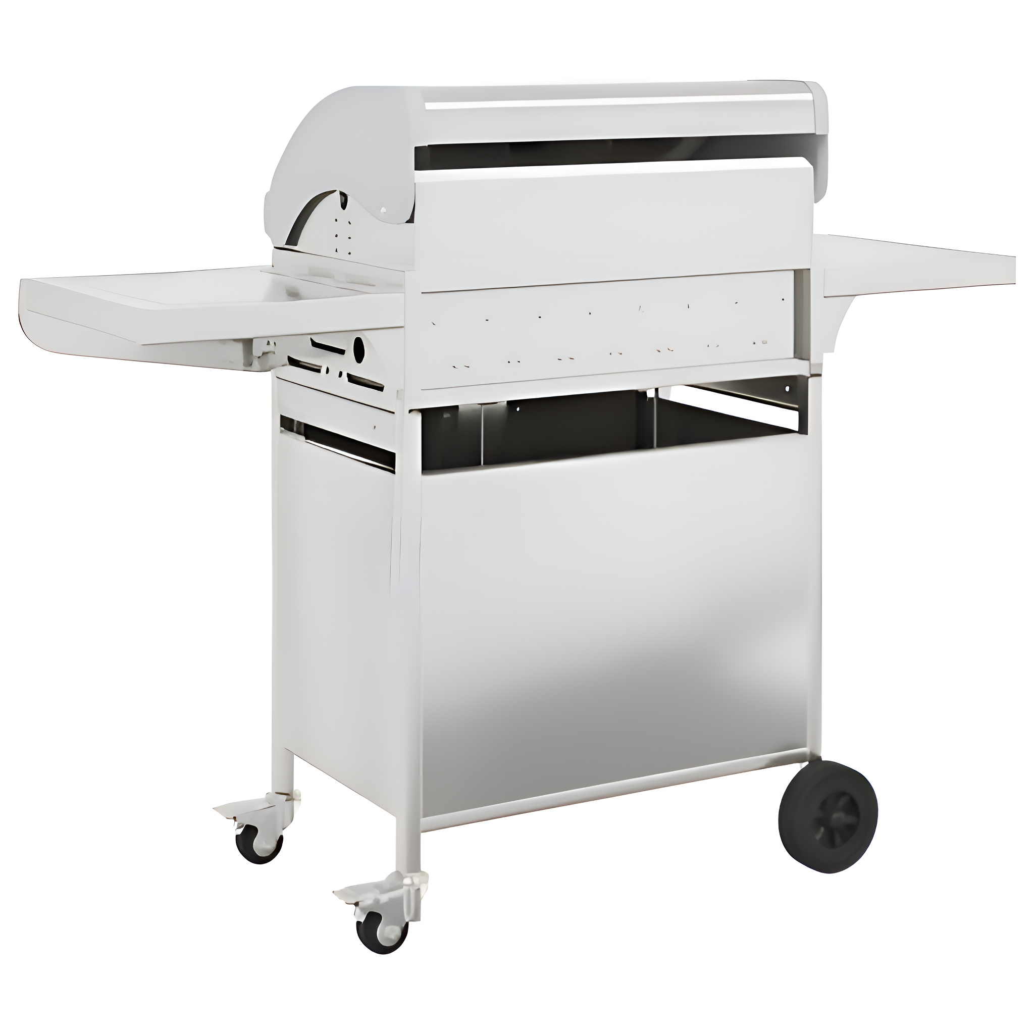 Silberner Grill mit zwei Seitentischen und Rädern. Rechteckige Form.