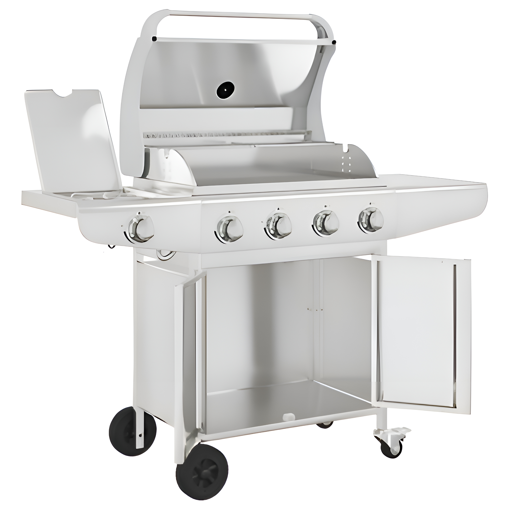 Weißer Außengrill mit offenem Deckel, Beistelltisch und offenen Schranktüren.