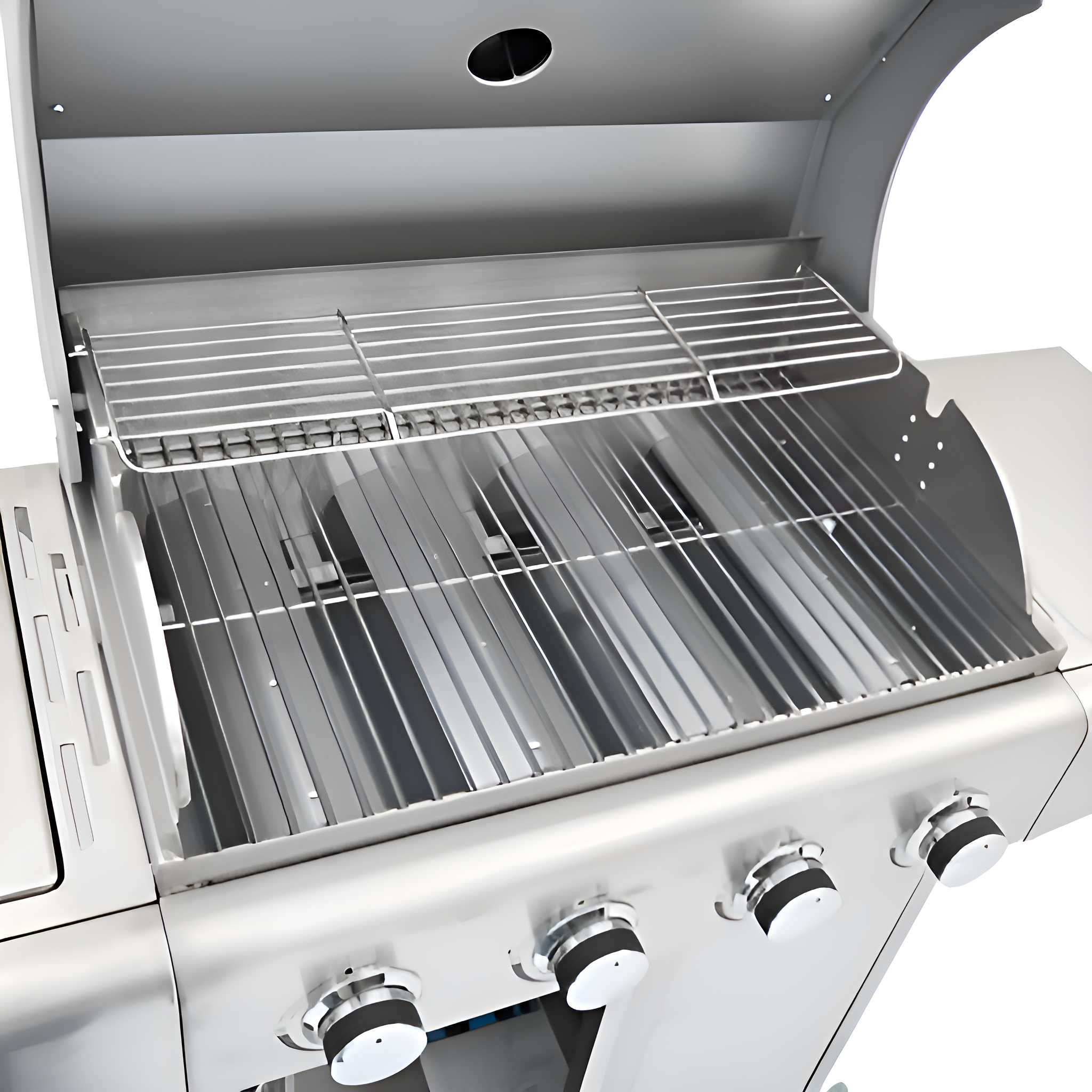 Gasgrill aus Edelstahl mit offenem Deckel. Roste und Brenner sind sichtbar.