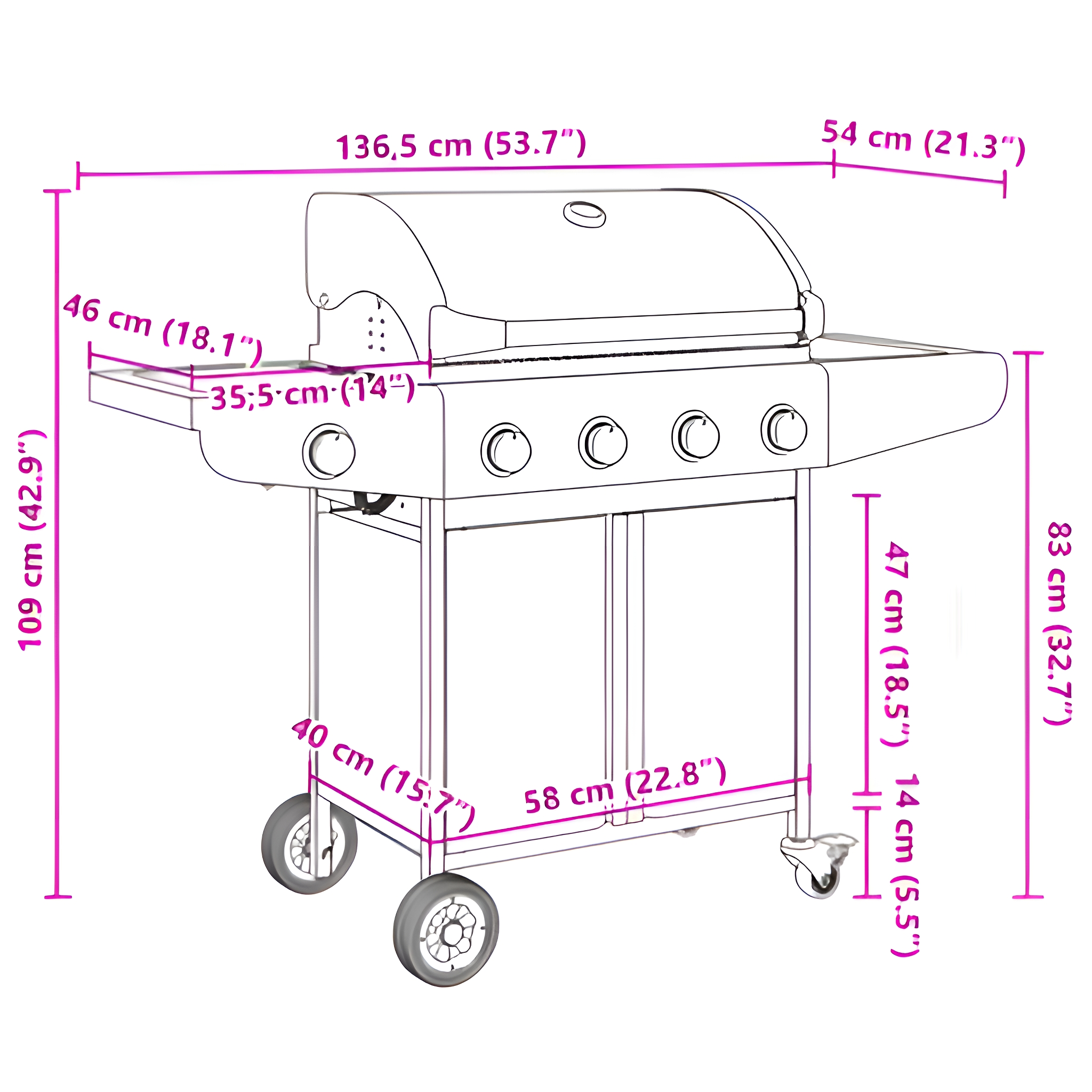 BBQ-Grill mit Abmessungen in cm und Zoll.