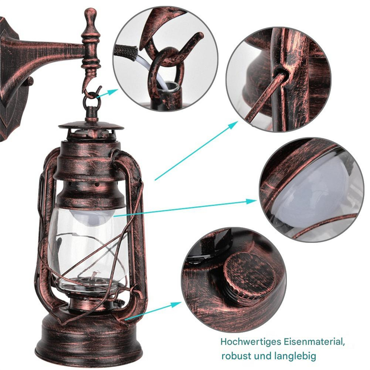 Lampe im antiken Stil mit Details: Glühbirne, Metallrahmen und Designelemente. Nahaufnahmen enthalten.