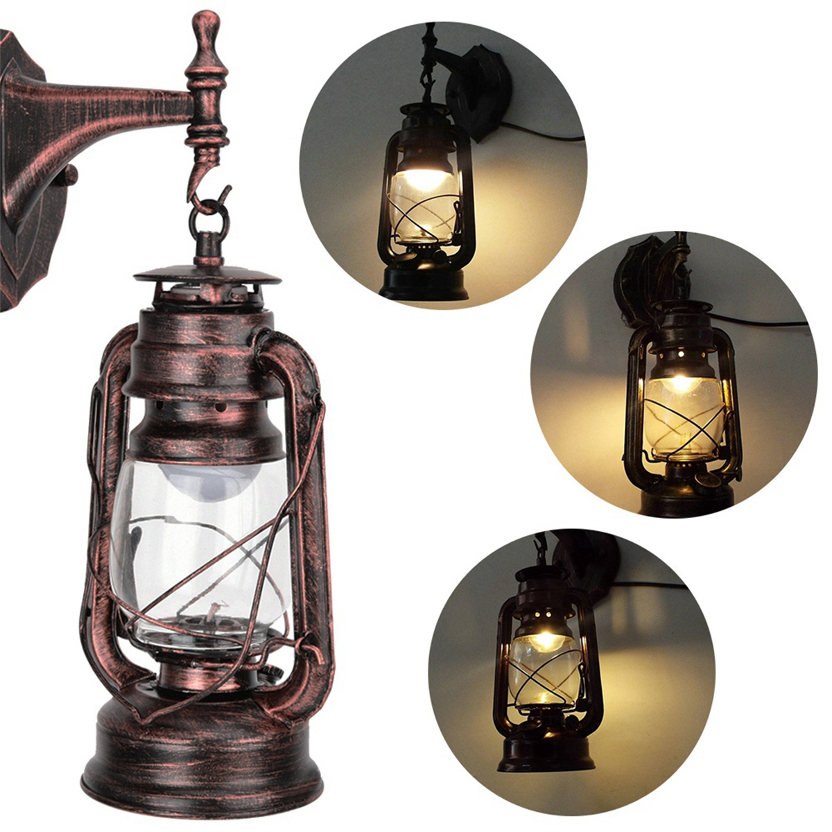 Drei Wandlaternen im Vintage-Stil mit leuchtenden Glühbirnen, die kunstvolle Metallarbeiten und Glaspaneele zeigen.