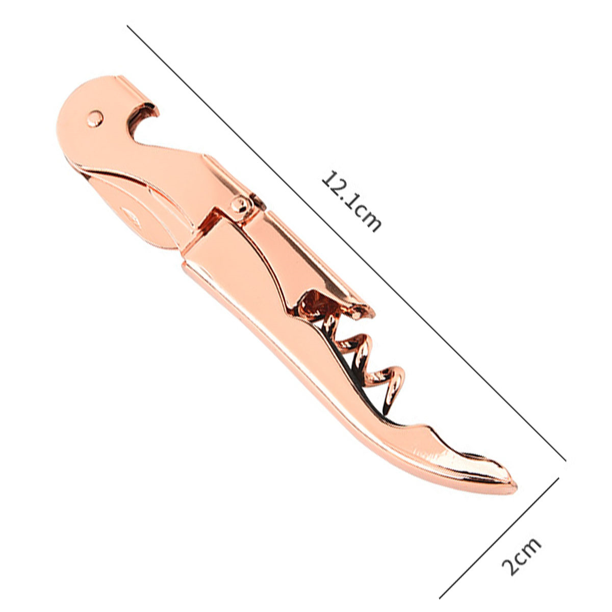 Roségoldener Korkenzieher mit Maßen. Er ist 12,1 cm lang und 2 cm breit.