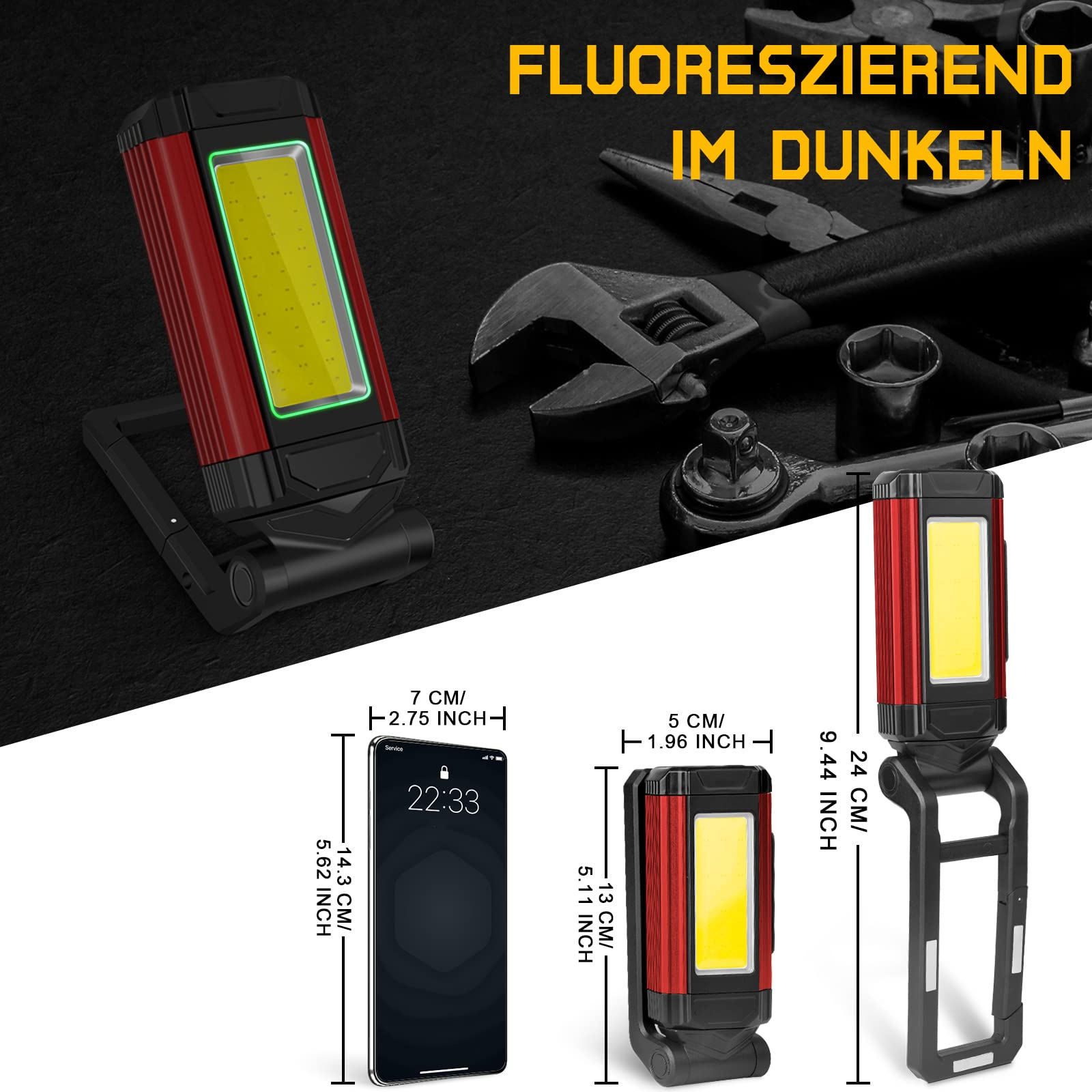Eine rot-schwarze Arbeitsleuchte und ein Telefon werden gezeigt. Das Telefon zeigt die Zeit und Abmessungen an.