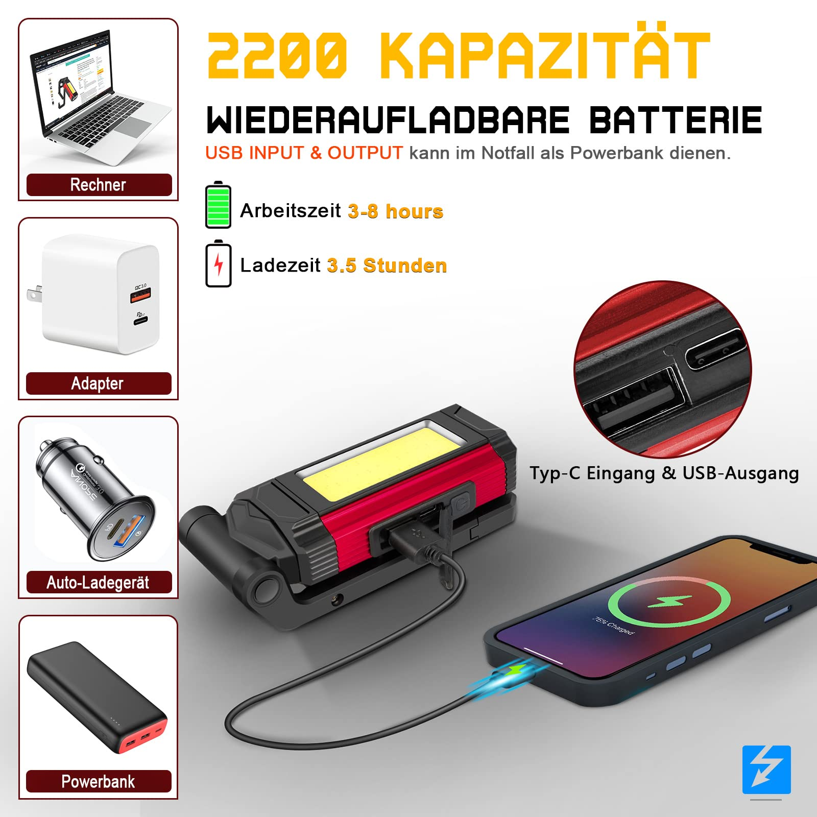 Ein rotes und schwarzes Arbeitslicht mit Zubehör.
