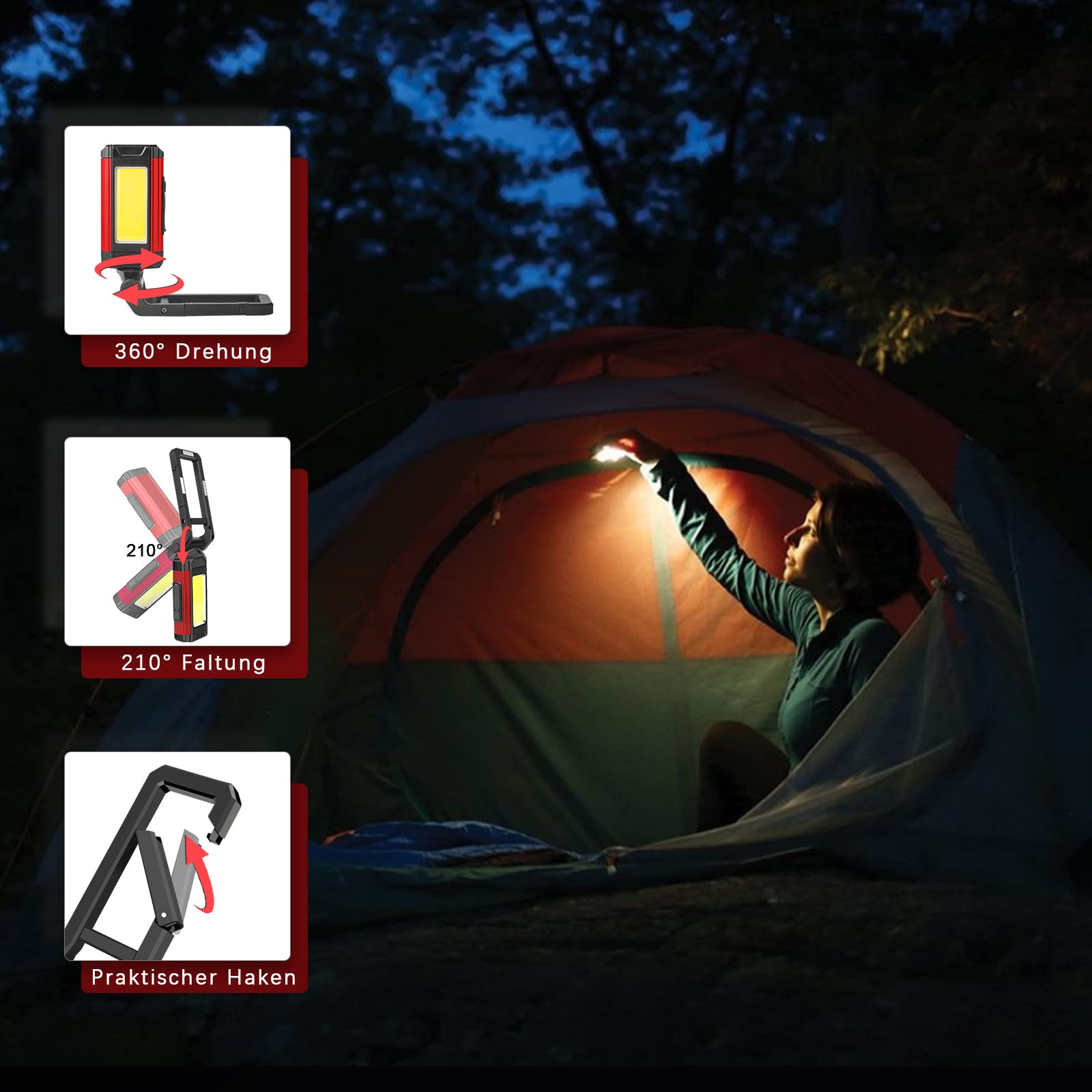 Eine Frau in einem Zelt benutzt eine Taschenlampe. Grafiken zeigen Lichtfunktionen wie 360° und 210° Faltung.