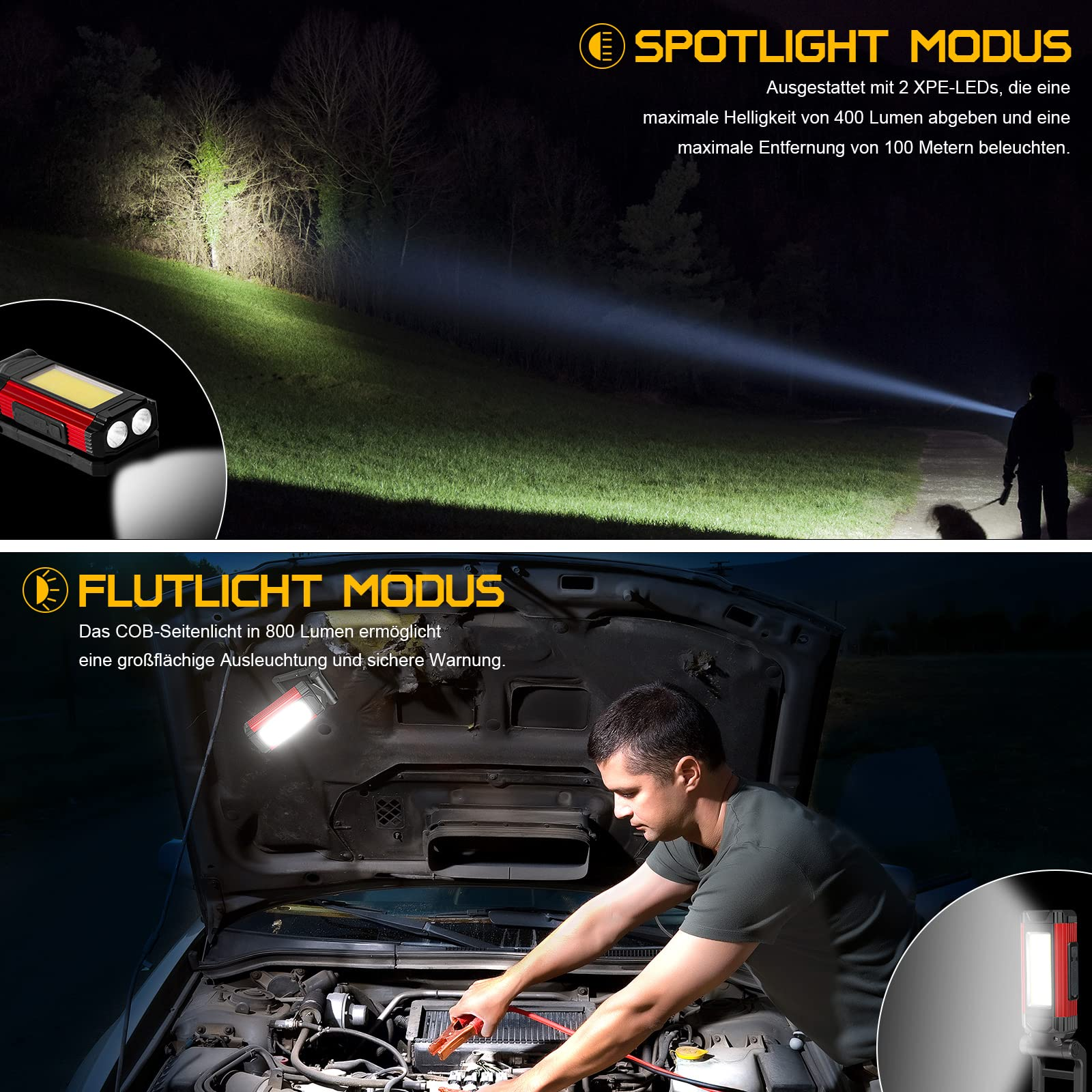 Ein Mann, der mit einer Taschenlampe an einem Automotor arbeitet.