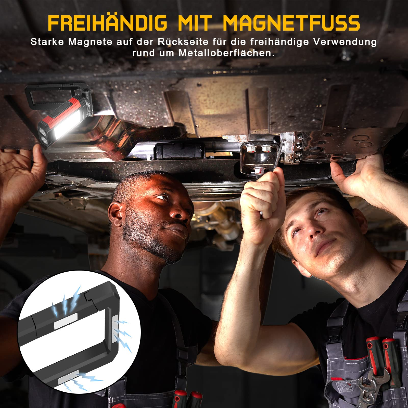 Zwei Männer arbeiten unter einem Auto und benutzen eine Magnetleuchte. Text über Magnete wird angezeigt.