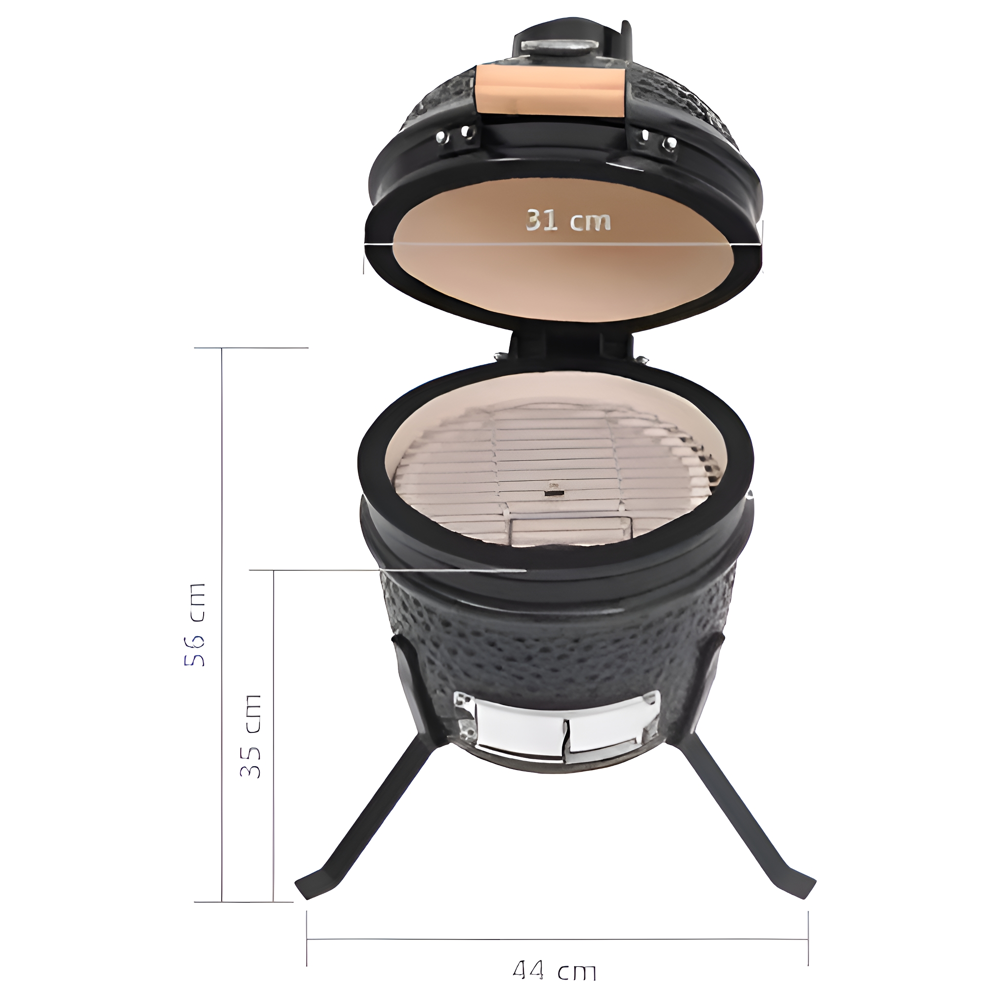 Schwarzer Keramikgrill mit offenem Deckel. Er steht auf drei schwarzen Beinen, mit einem Grill im Inneren.