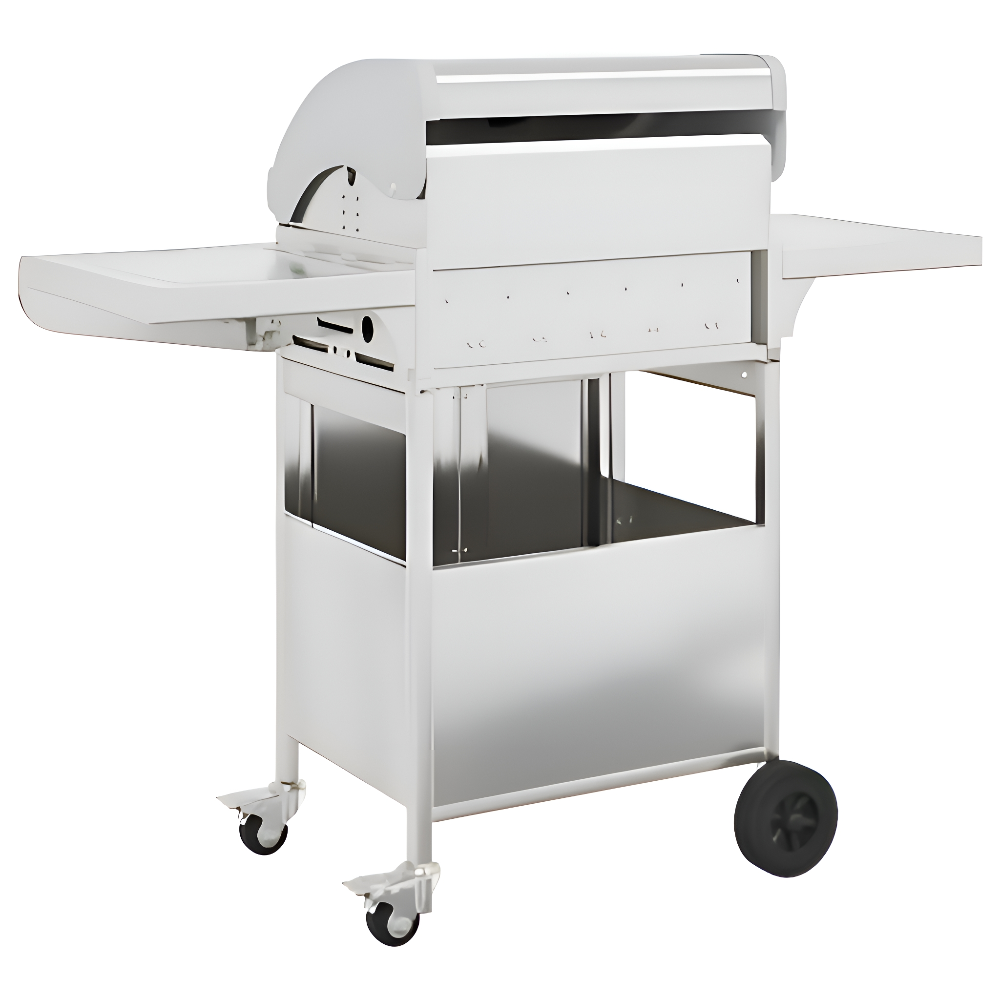 Ein Edelstahlgrill mit zwei Seitenablagen und einem schwarzen Rad auf weißem Hintergrund.