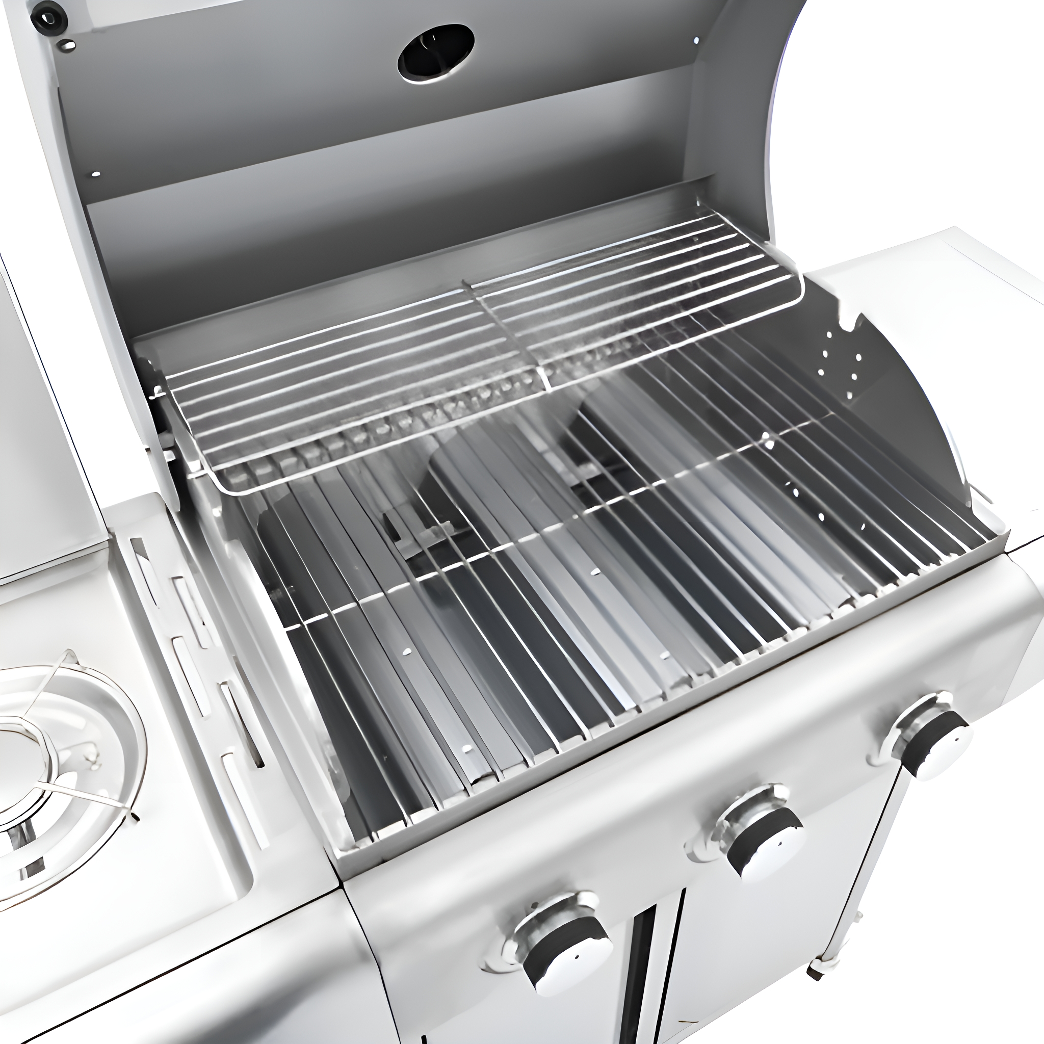 Edelstahlgrill mit offenem Deckel, Metallroste innen. Knöpfe und ein Brenner links.