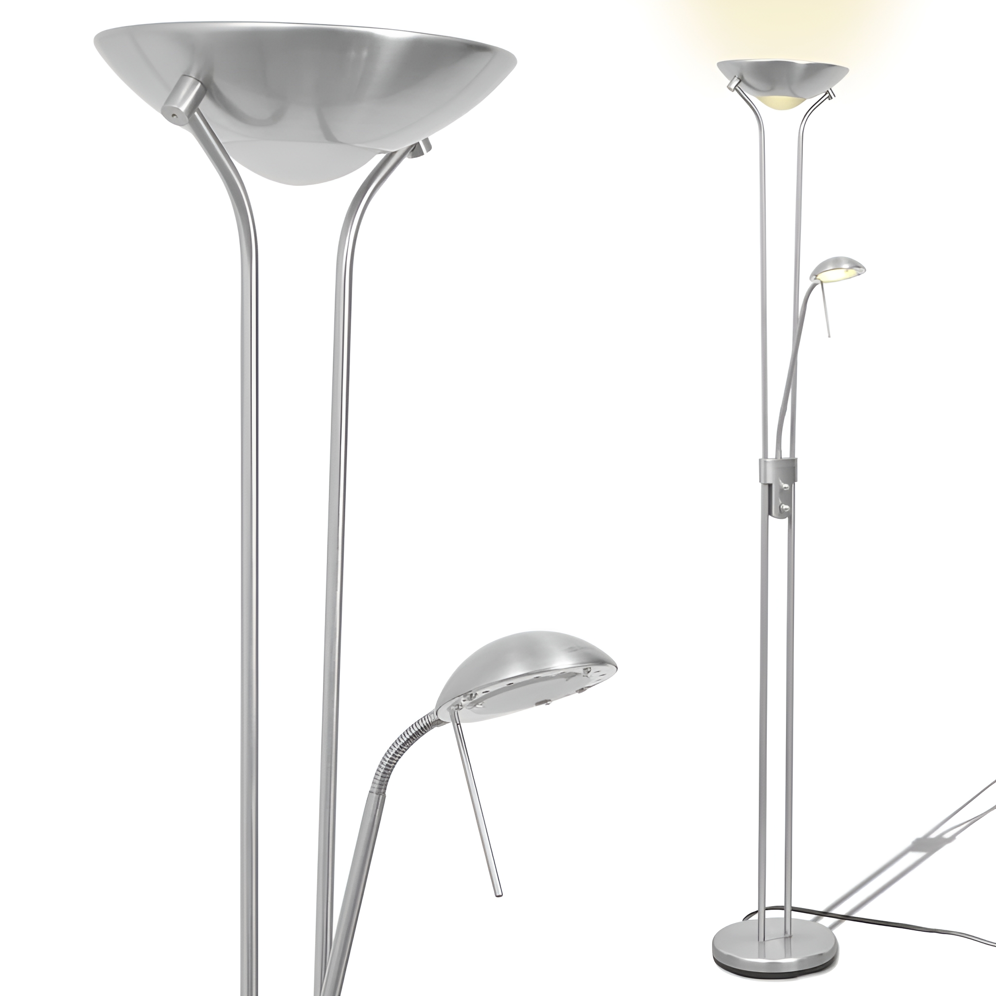 Eine silberne Stehlampe mit zwei Lichtern, eines zeigt nach unten und das andere nach oben.
