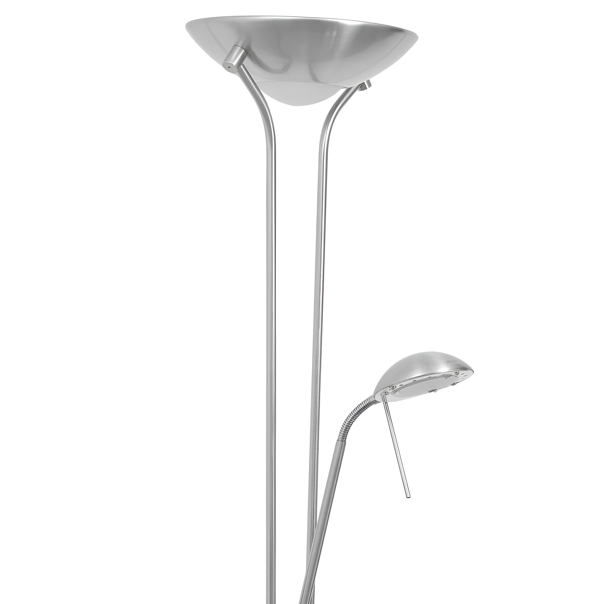 Silberne Stehlampe mit zwei Lichtern. Ein Licht befindet sich an einem flexiblen Arm.
