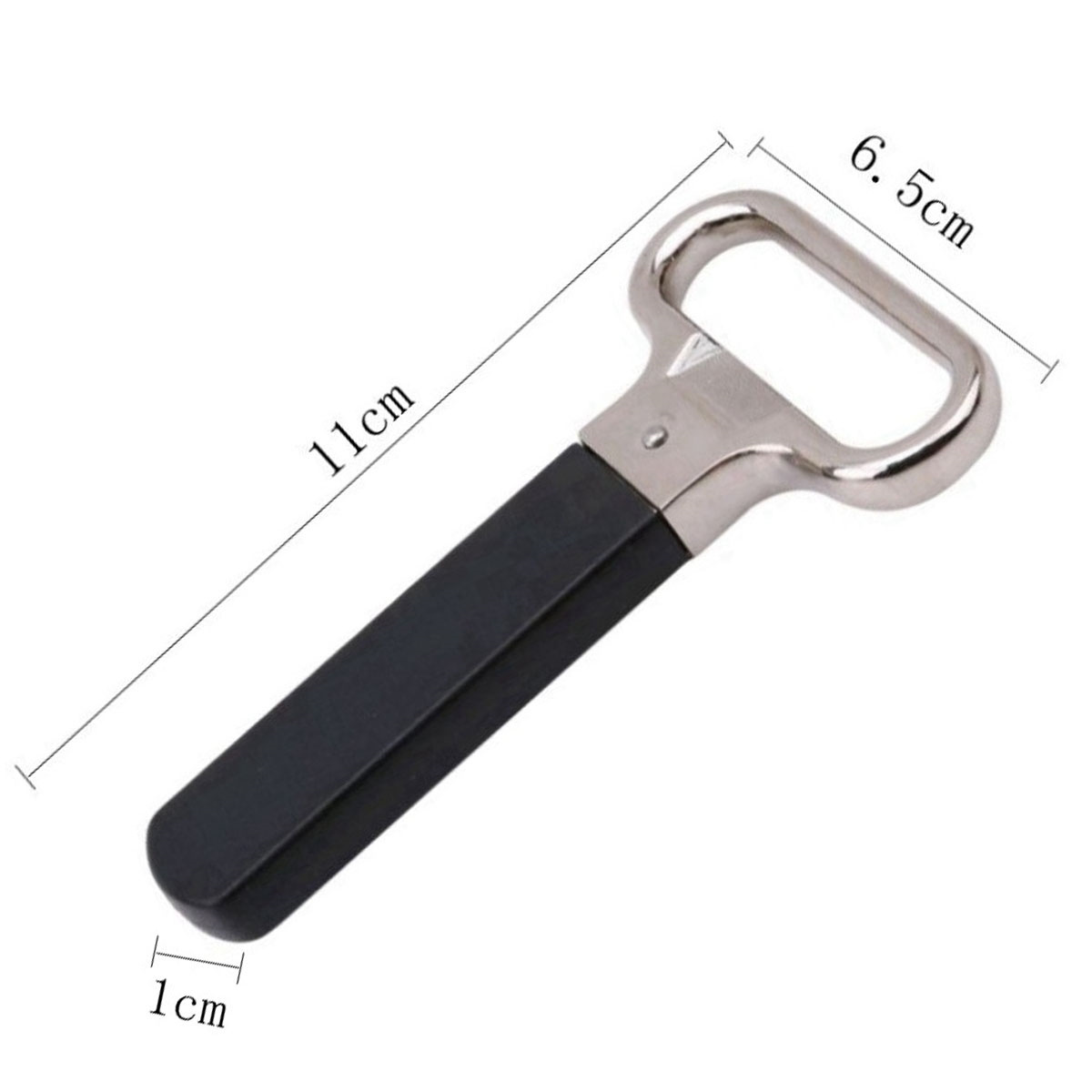 Flaschenöffner mit schwarzem Griff und silbernem Metallkopf, Größeneinheiten sind angegeben.