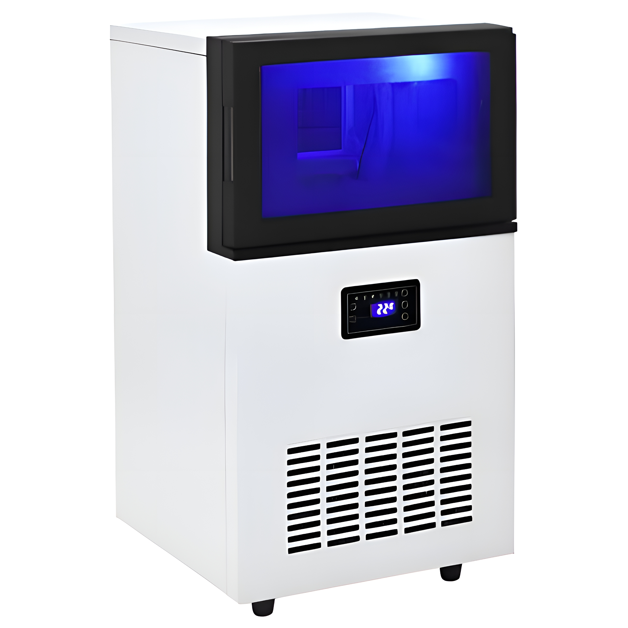 Weißer Gefrierschrank mit blau beleuchtetem Innenraum, mit digitaler Anzeige.