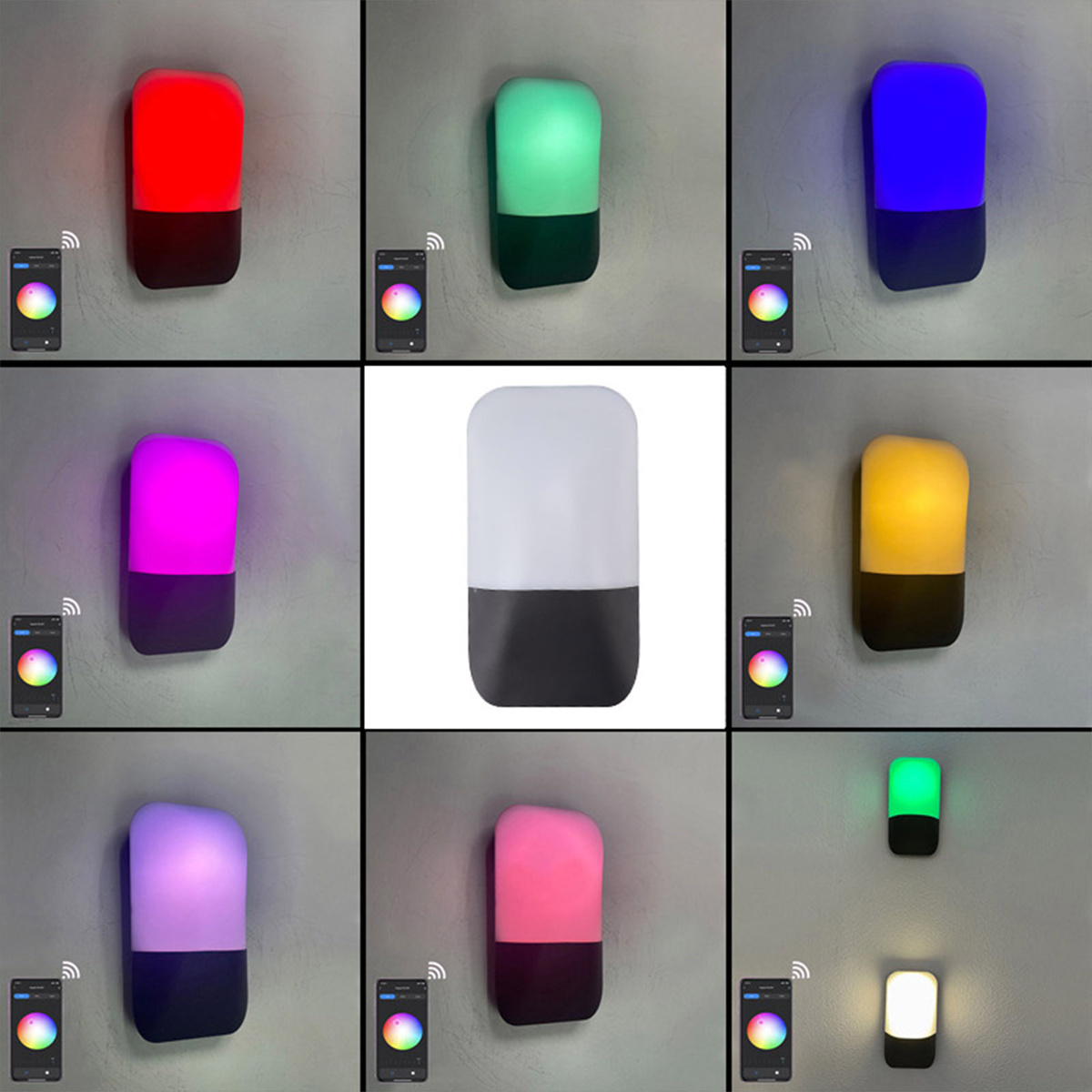 Neun Wandleuchten in verschiedenen Farben, gesteuert über Smartphones.