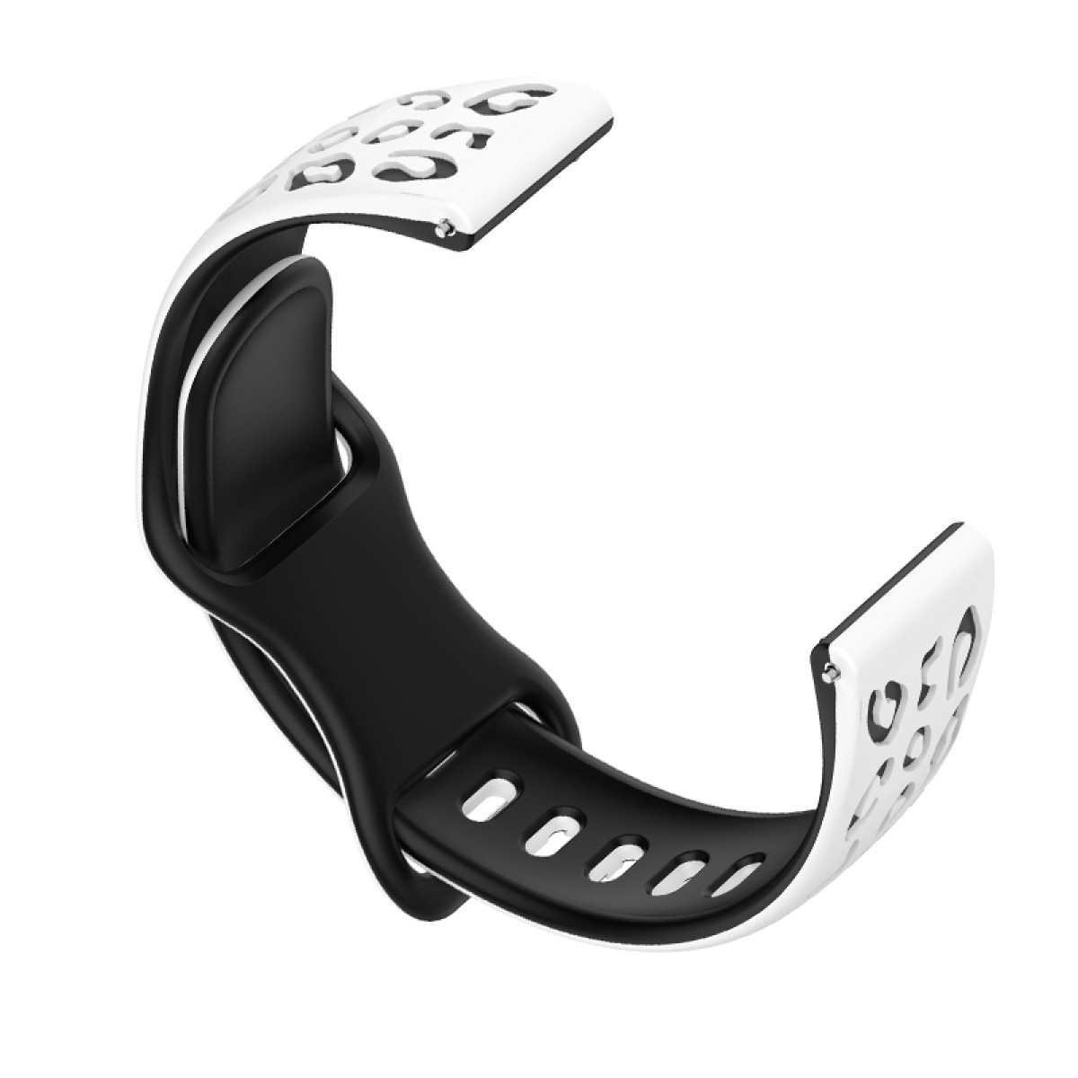 Schwarz-weißes Uhrenarmband mit geschwungenem Design und gemusterten Löchern.