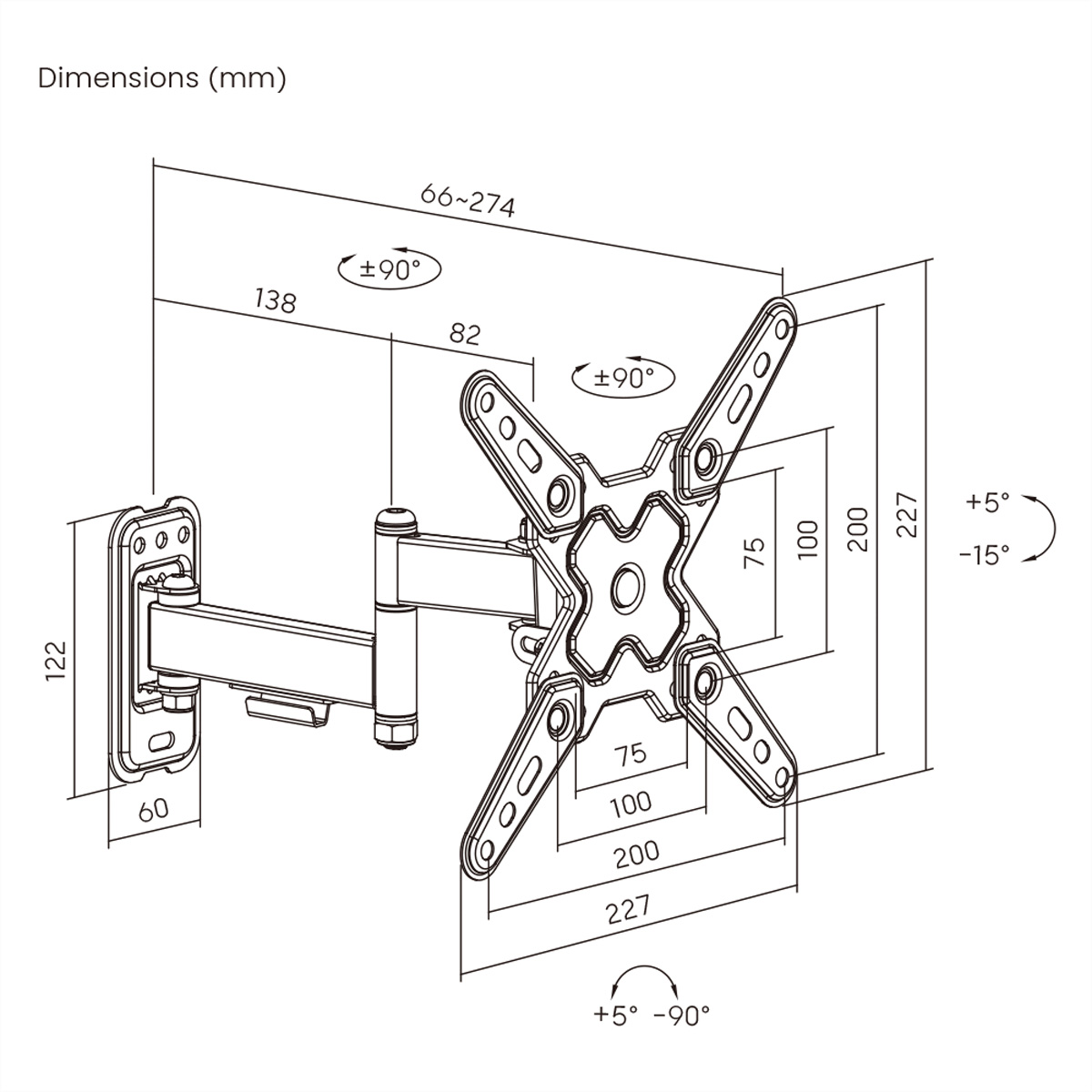 Diagramm einer TV-Wandhalterung mit Abmessungen in mm. Enthält Messungen für verschiedene Komponenten wie Arm und Platte.