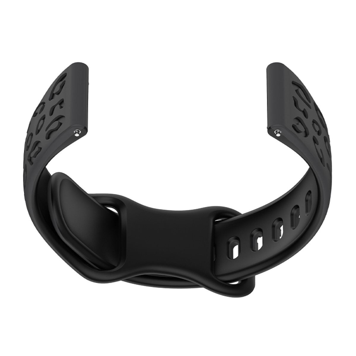 Schwarzes Uhrenarmband auf Weiß. Schlaufendesign mit Löchern und sicherem Verschluss.