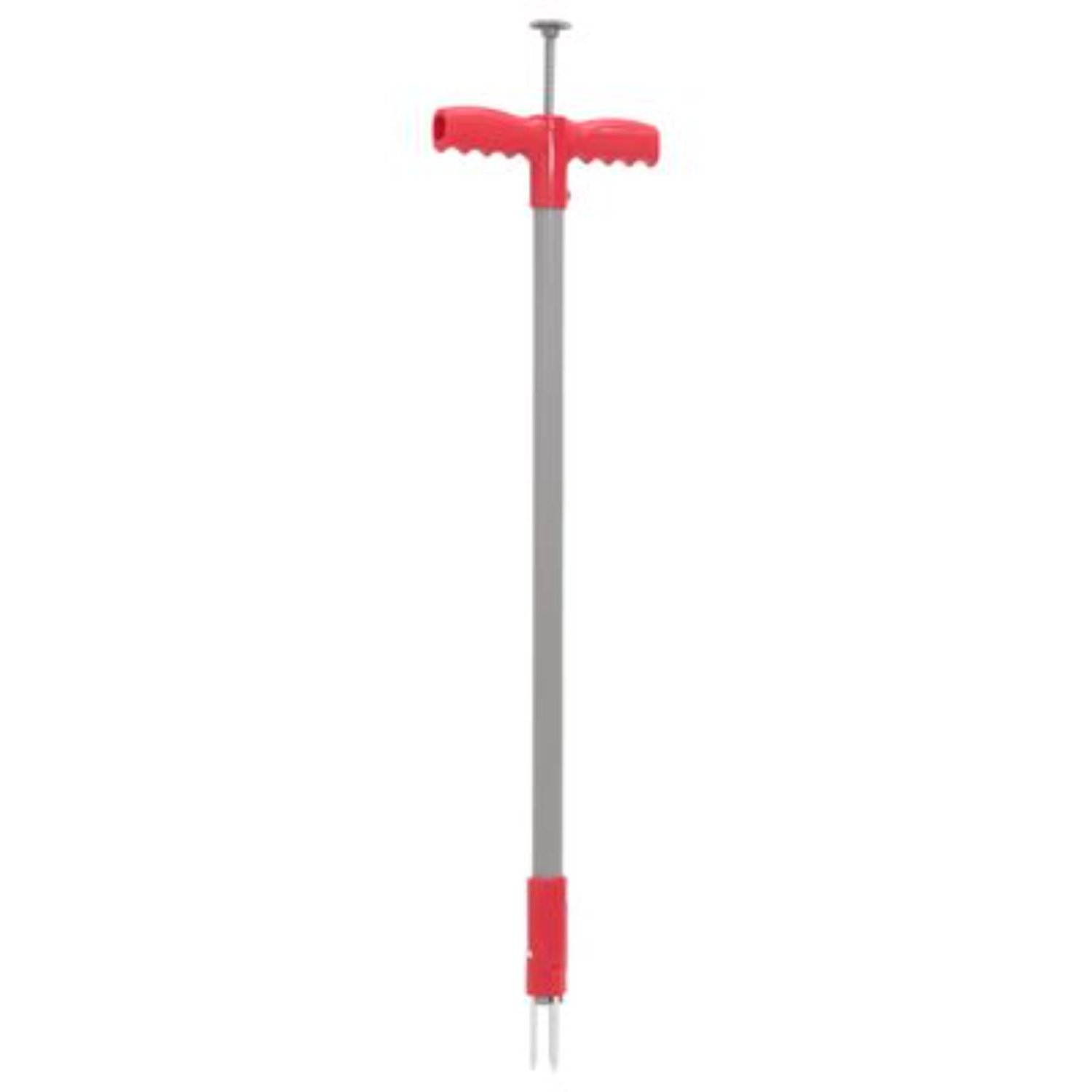 Rotes und graues Unkrautziehwerkzeug mit rotem Griff und Metallzinken unten.