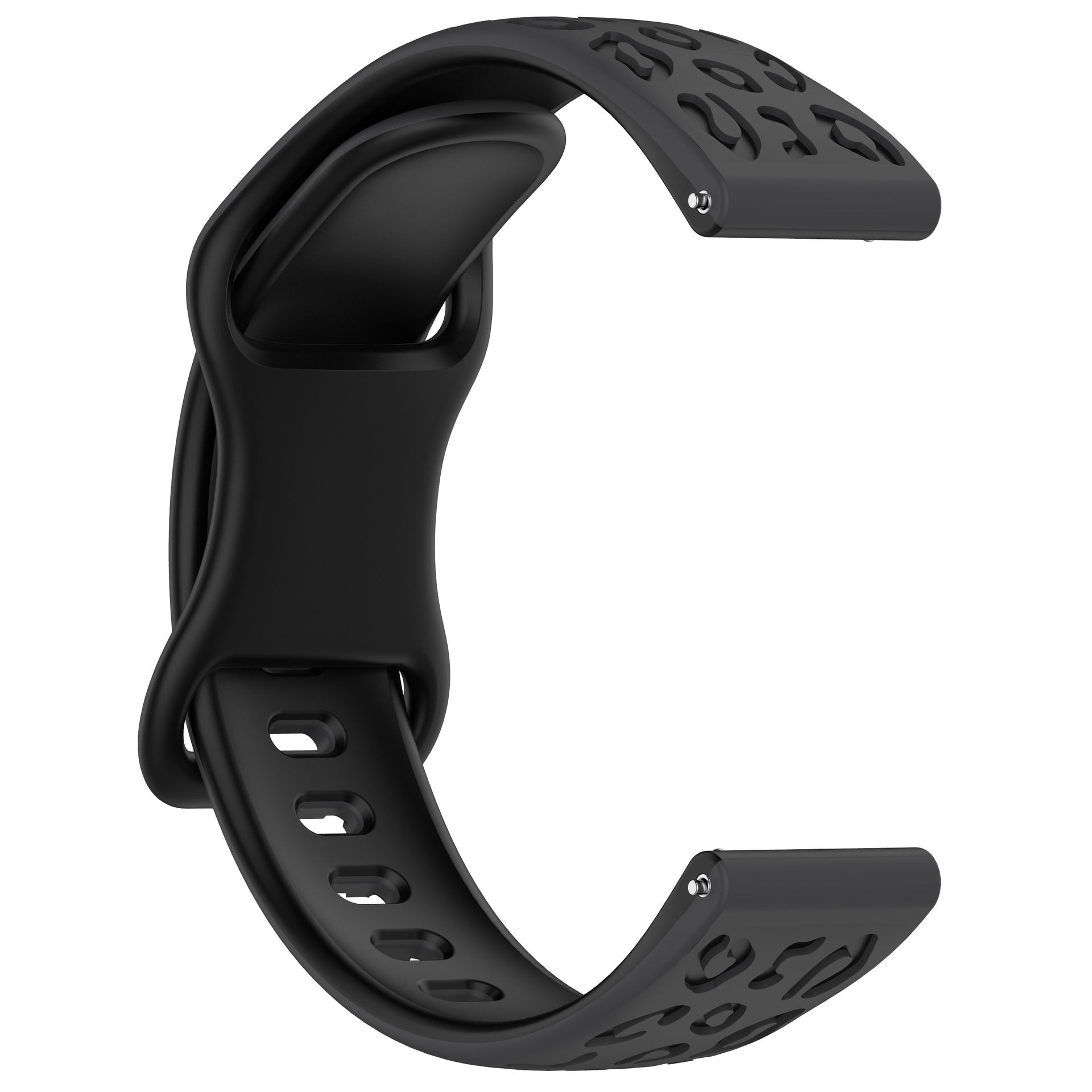 Schwarzes Uhrenarmband mit geschwungenem Design. Es hat Löcher und ein strukturiertes Muster.