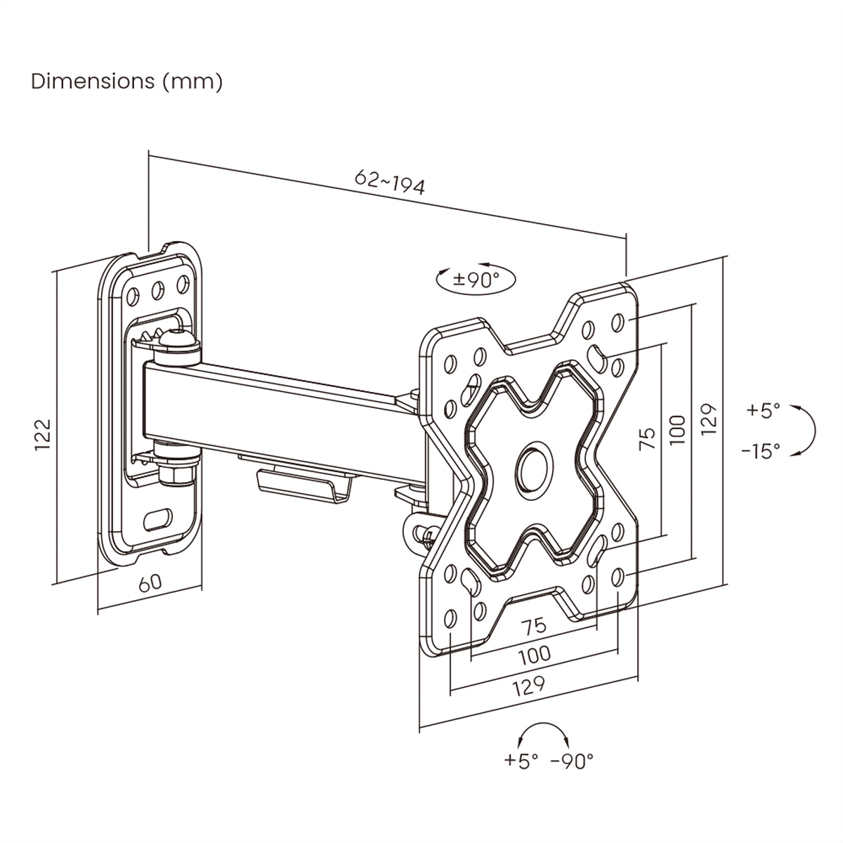Diagramm einer TV-Wandhalterung mit Abmessungen in mm. Der Arm ist ausgefahren mit detaillierten Messungen.