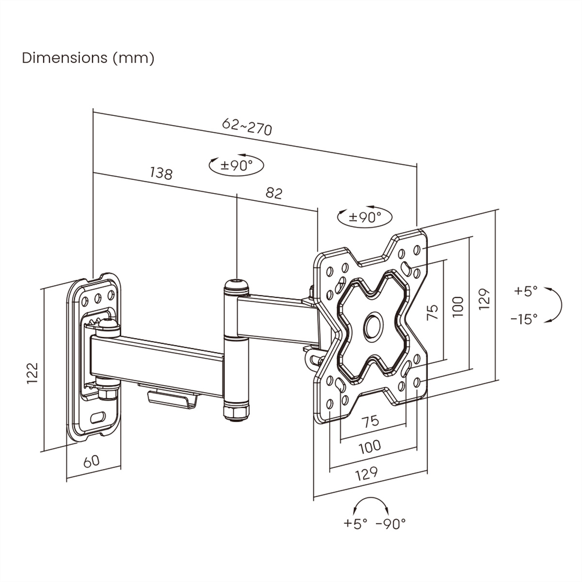 Diagramm einer TV-Wandhalterung mit Abmessungen in mm. Der Arm ist ausgefahren mit detaillierten Messungen.