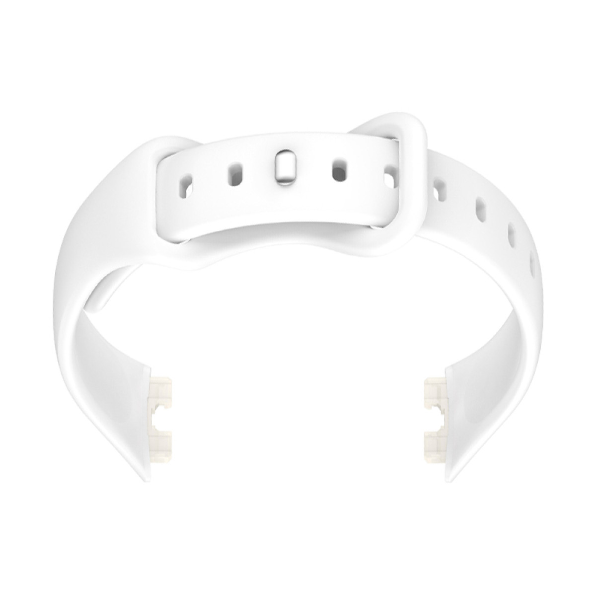 Ein weißes Uhrenarmband mit Schnalle. Es hat mehrere Löcher zur Einstellung.