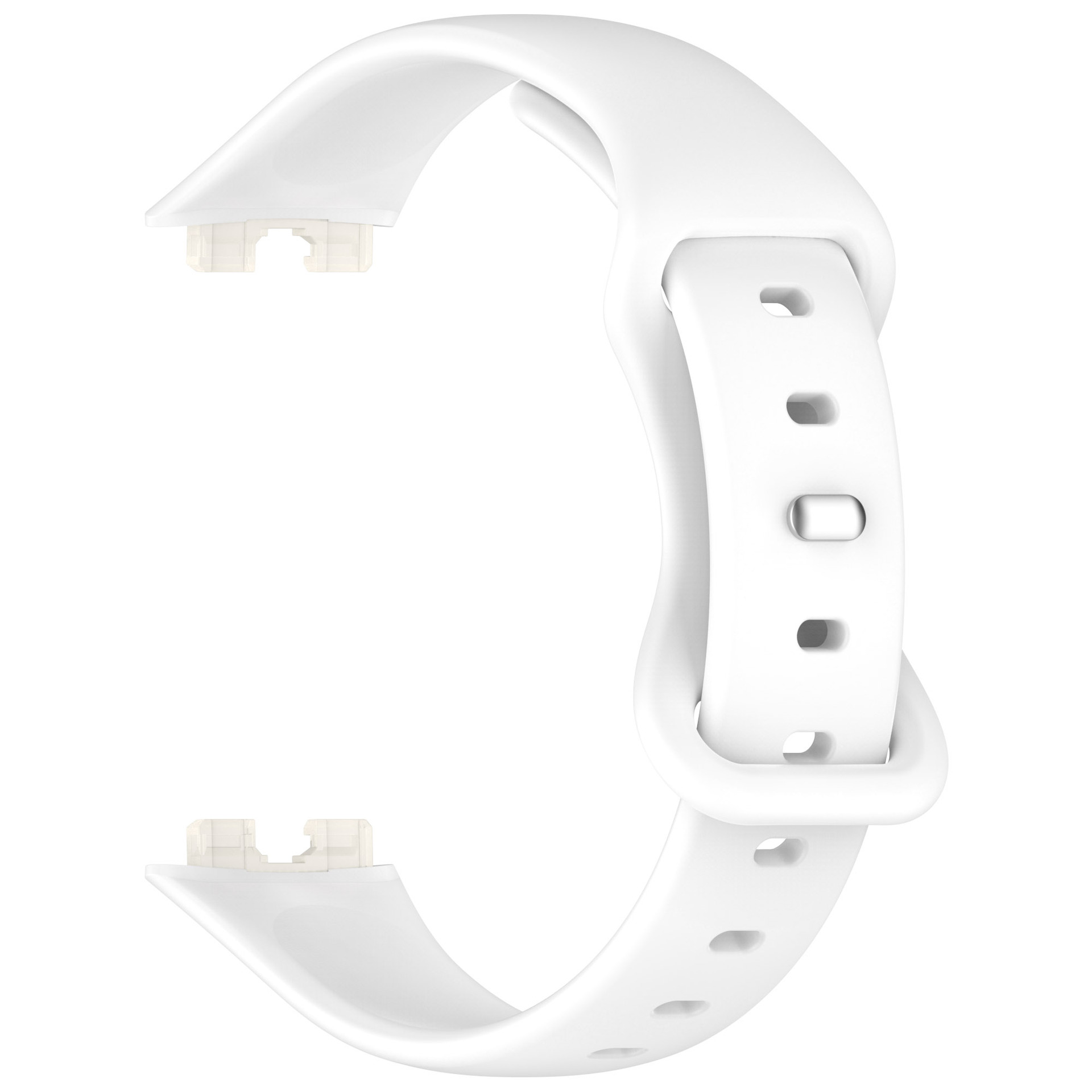 Ein weißes Smartwatch-Armband mit Schnalle, Schlaufe und Löchern zur Anpassung, auf weißem Hintergrund.