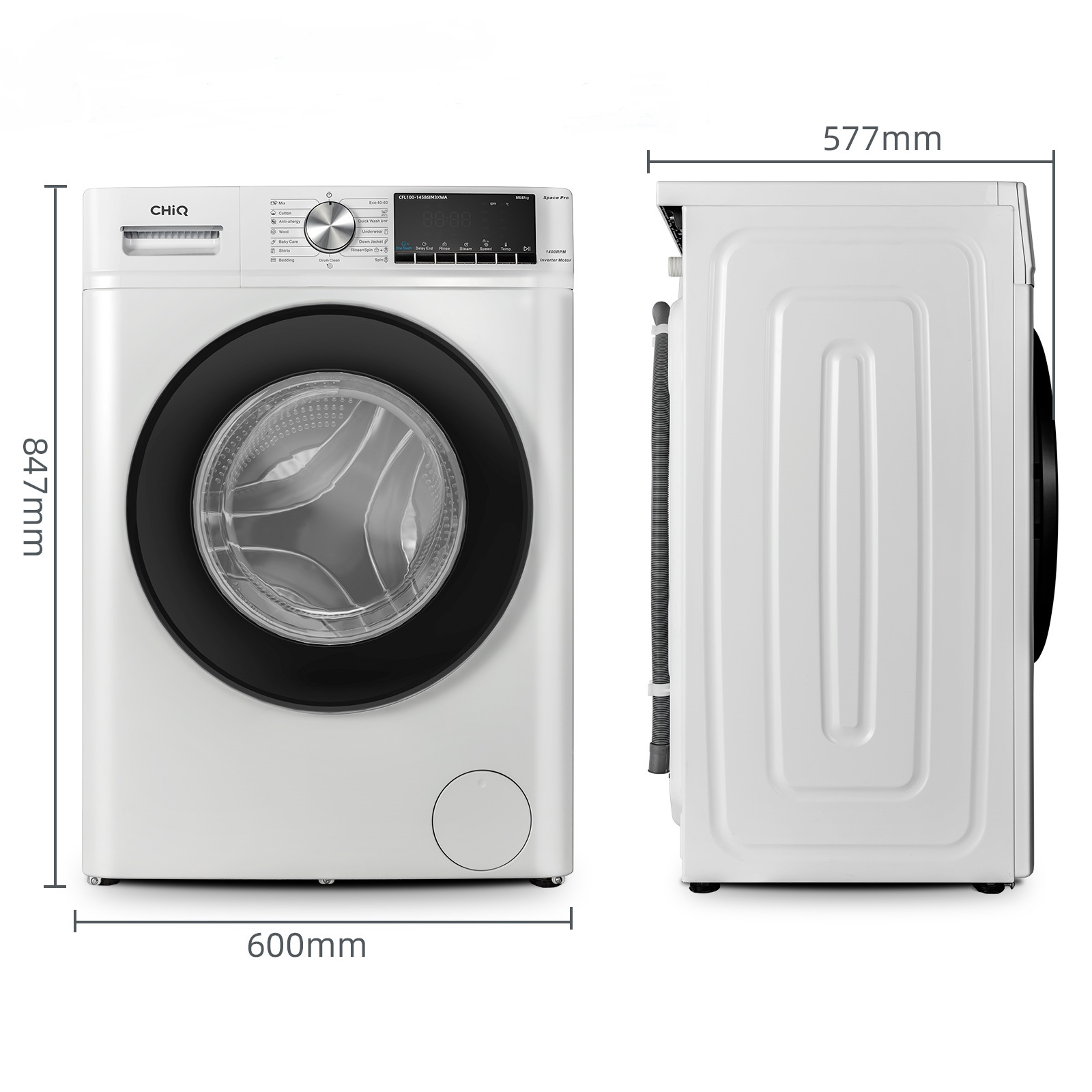 Lave-linge blanc, vue de face et de côté, avec dimensions en millimètres.