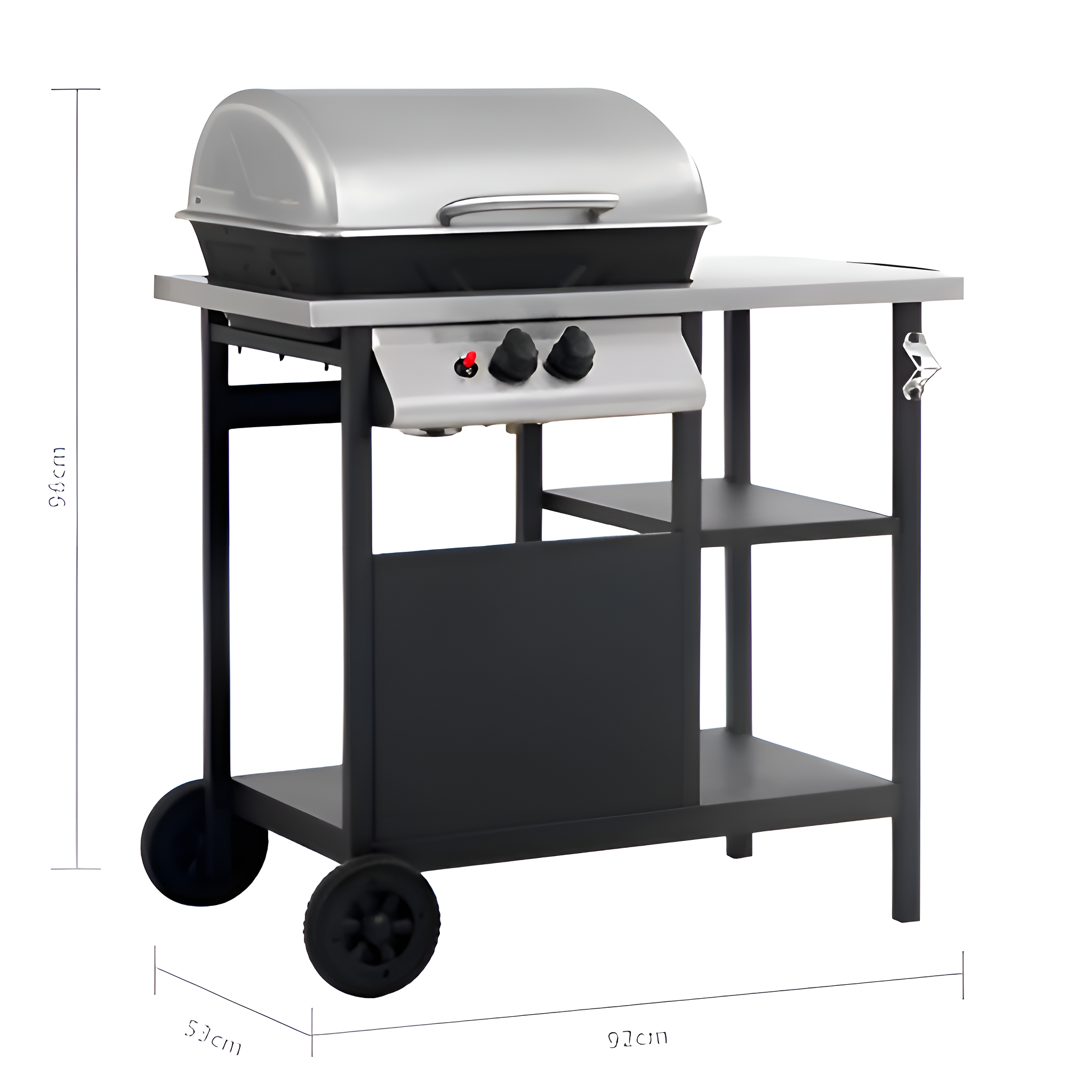 Außengrill auf einem schwarzen Wagen, mit silbernem Deckel und zwei Rädern. Maße sind beschriftet.