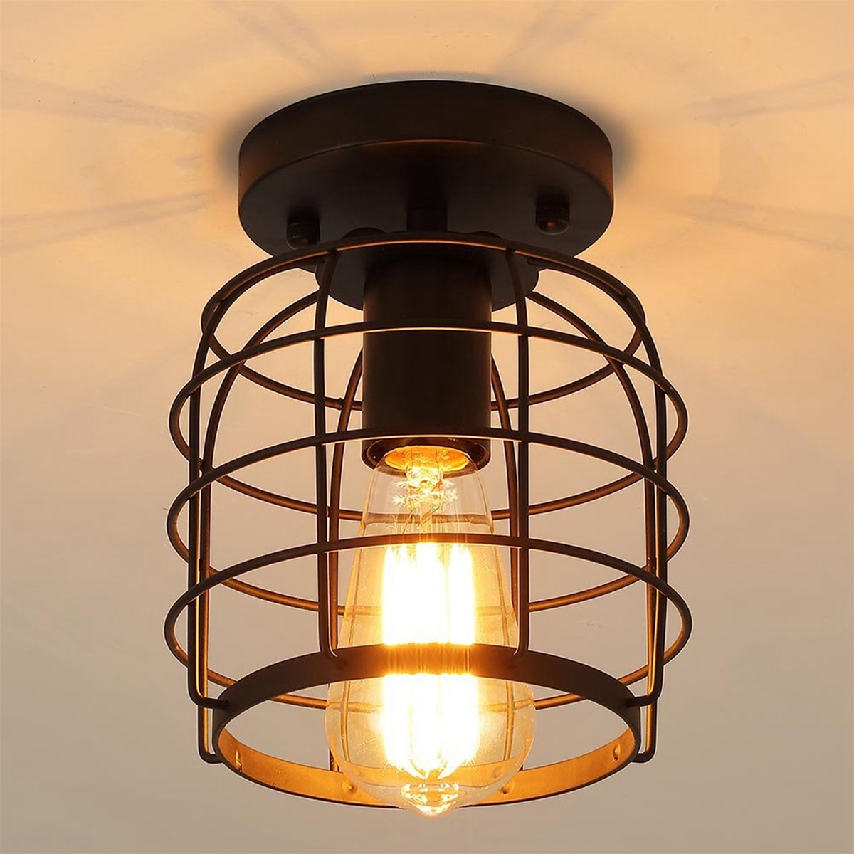Schwarze Deckenlampe im Käfigstil mit sichtbarer Glühbirne. Brauner Metallrahmen.