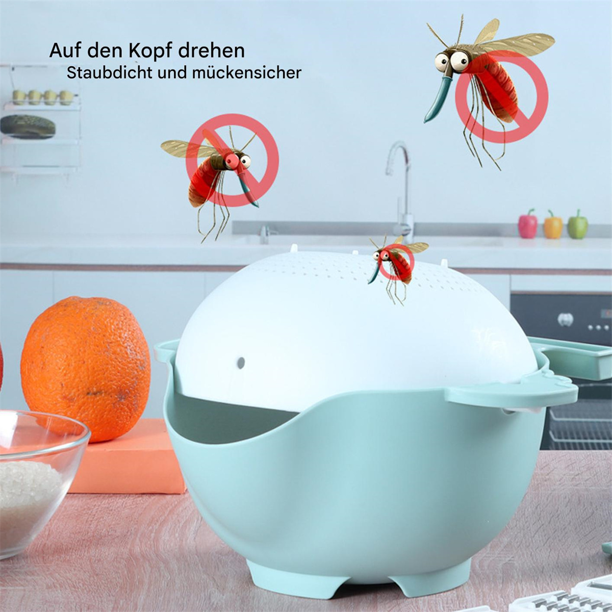 Weißer schalenförmiger Lebensmittel-Abdeckung mit Mückenillustrationen und einem Zutrittsverbot, auf einer Küchentheke.