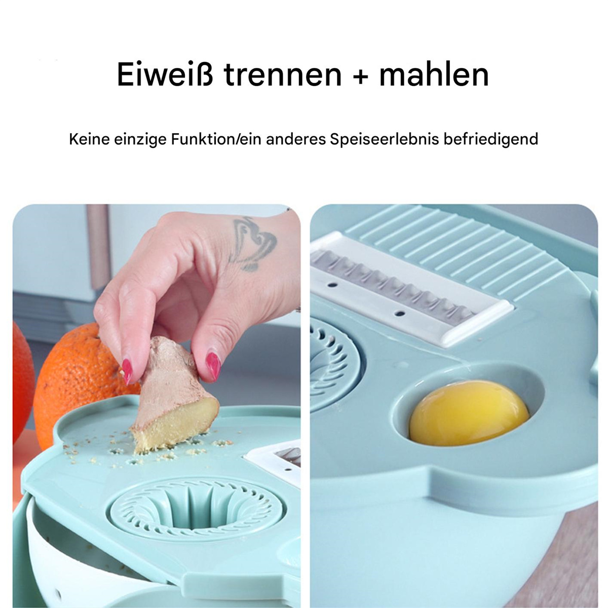 Eine Person reibt Ingwer, ein Eigelb in einem blauen Werkzeug und ein grünes Schneidebrett.