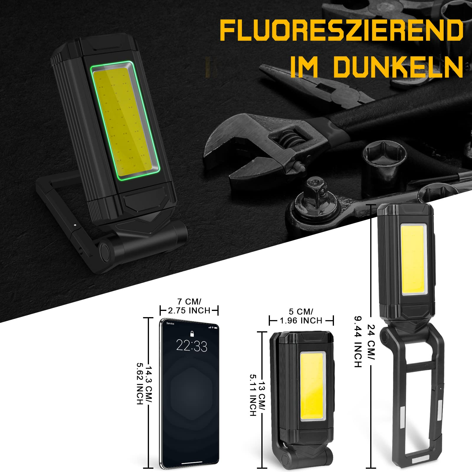Drei schwarze LED-Arbeitsleuchten, eine mit Telefon, vor Werkzeugen und dem Text 'FLUORESZIEREND IM DUNKELN'.