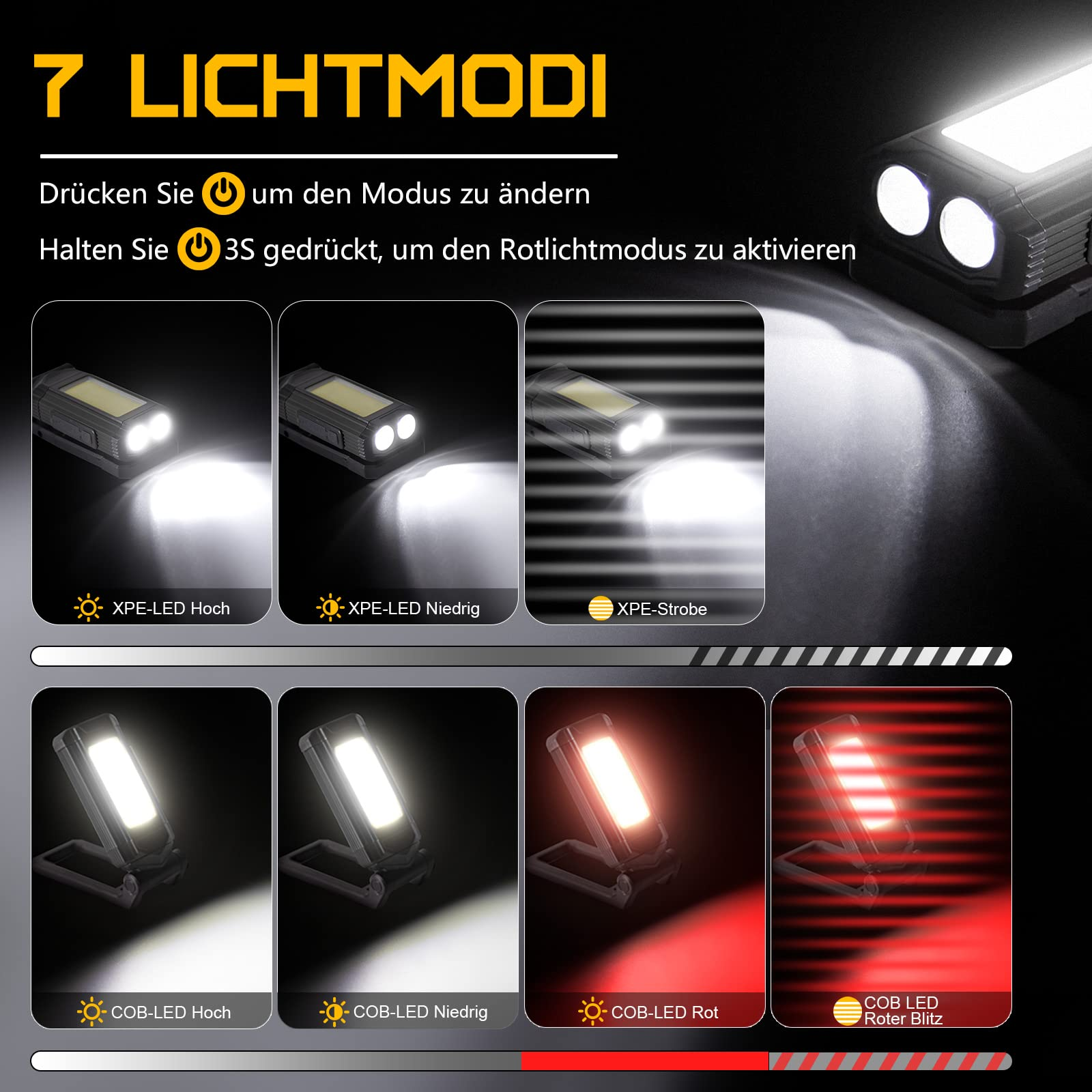 Taschenlampe mit verschiedenen Lichtmodi. Rotes und weißes Licht werden gezeigt.