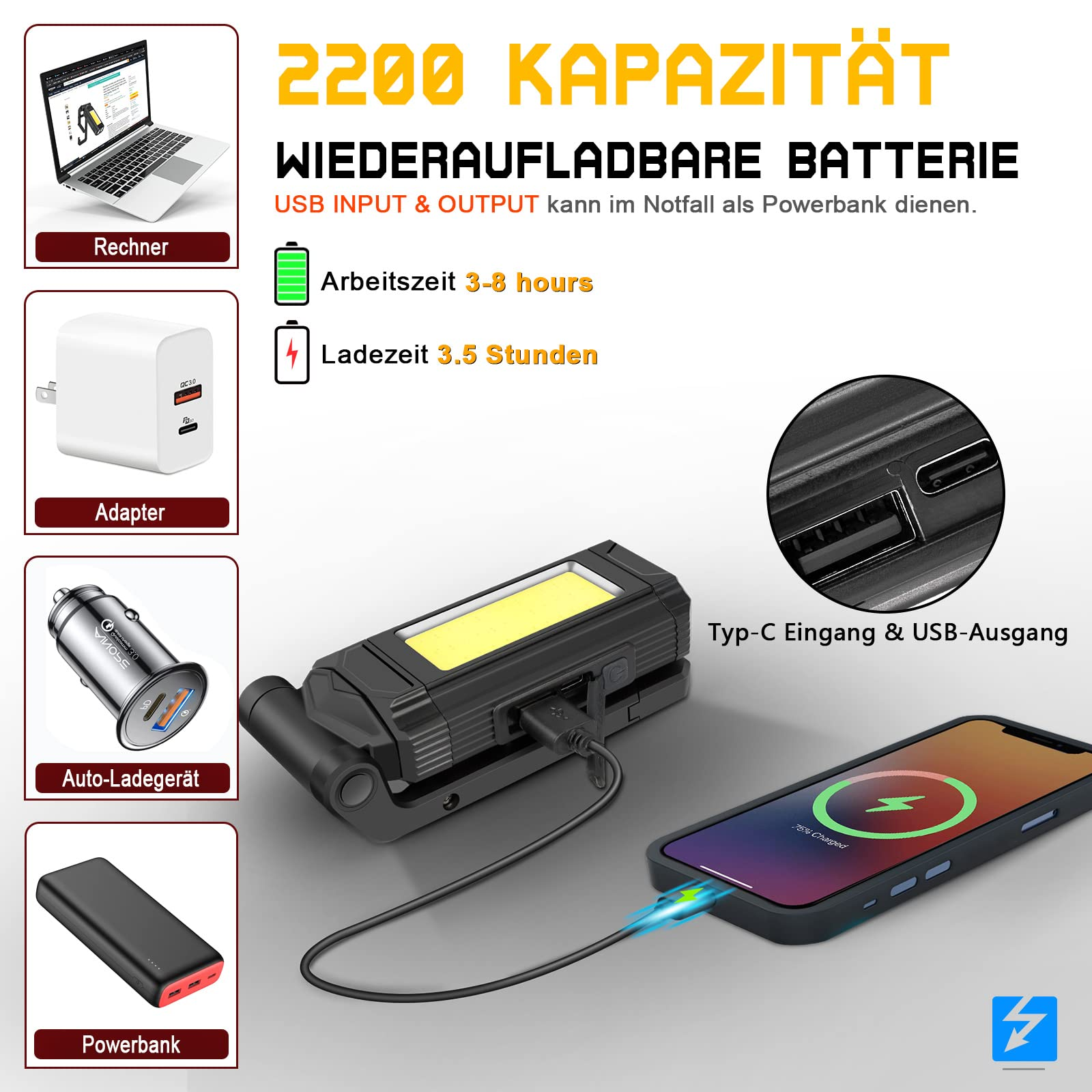 Bilder zeigen eine wiederaufladbare Arbeitsleuchte, ein Ladegerät und ein Telefon, das aufgeladen wird.
