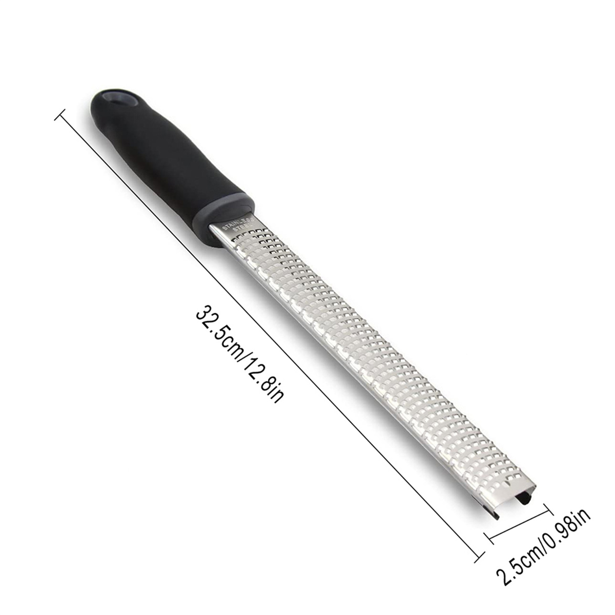 Edelstahlreibe mit schwarzem Griff, Abmessungen 32,5 cm/12,8 Zoll sind angegeben.